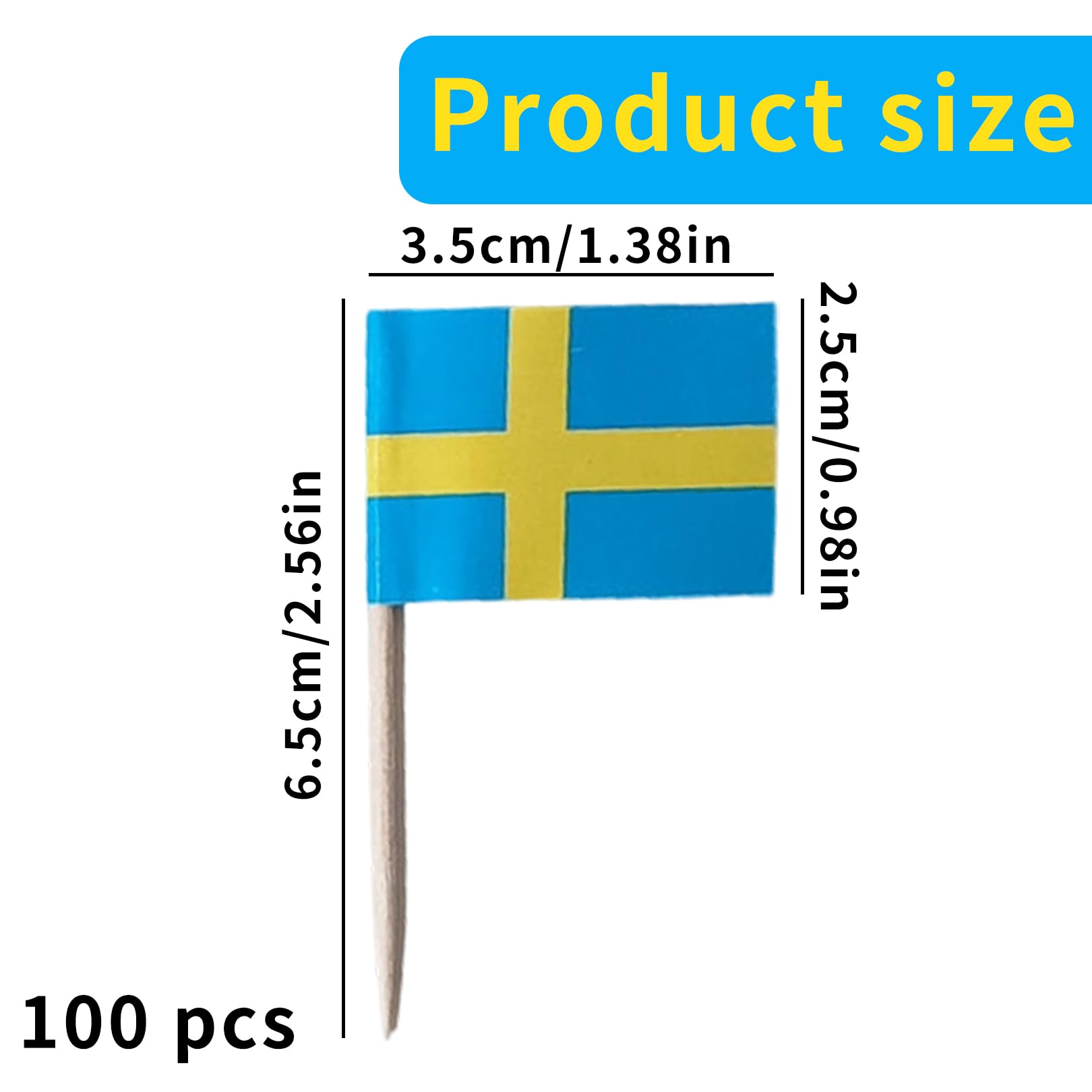 100 banderas de Suecia, palillos de dientes con bandera de Suecia, decoración de Suecia, bandera de Suecia, para cócteles, palillos de dientes con banderas para cupcakes, vajilla, fiesta, pub, EM WM