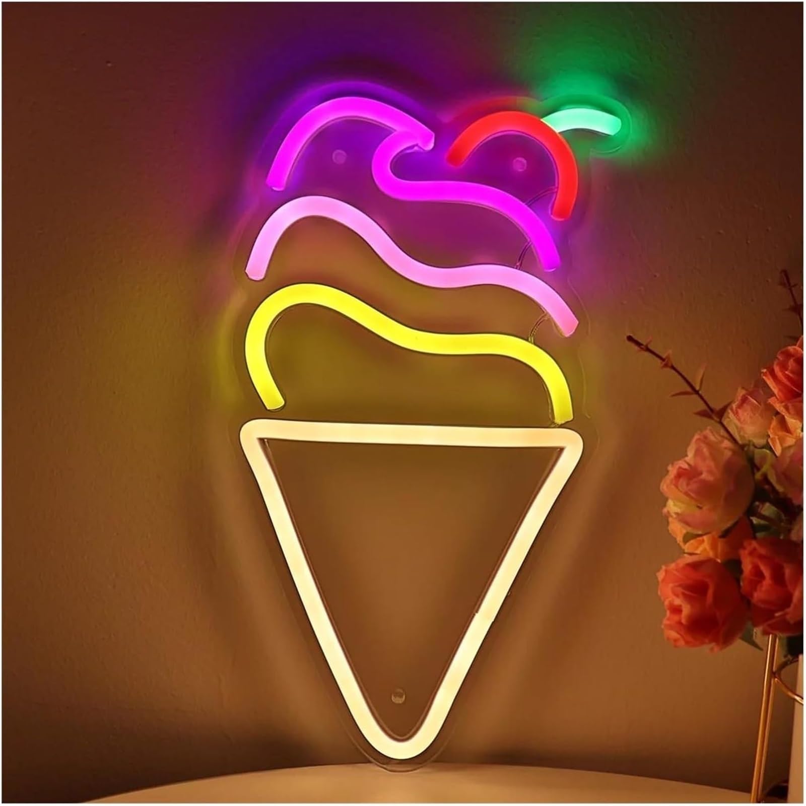 LED Lampada al neon Per lampada al neon Cono gelato con ciliegia per insegna per parete dimmerabile alimentata per luce