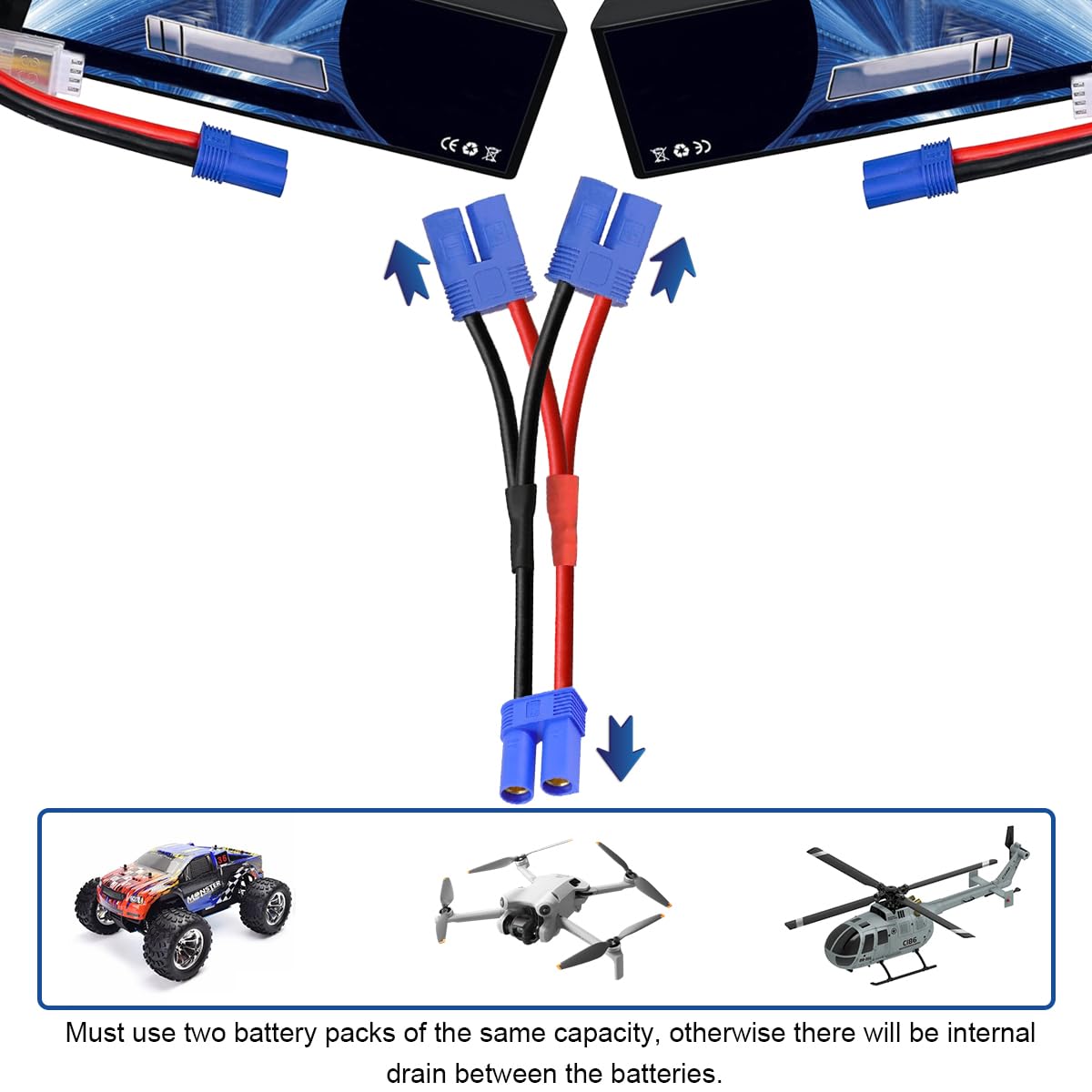 Xiatiaosann Cavo connettore parallelo EC5 da 3 pezzi, cavo per pacco batteria parallelo EC5, adattatore da 1 femmina a 2 maschi, per batteria Lipo RC, aereo FPV, quadricottero