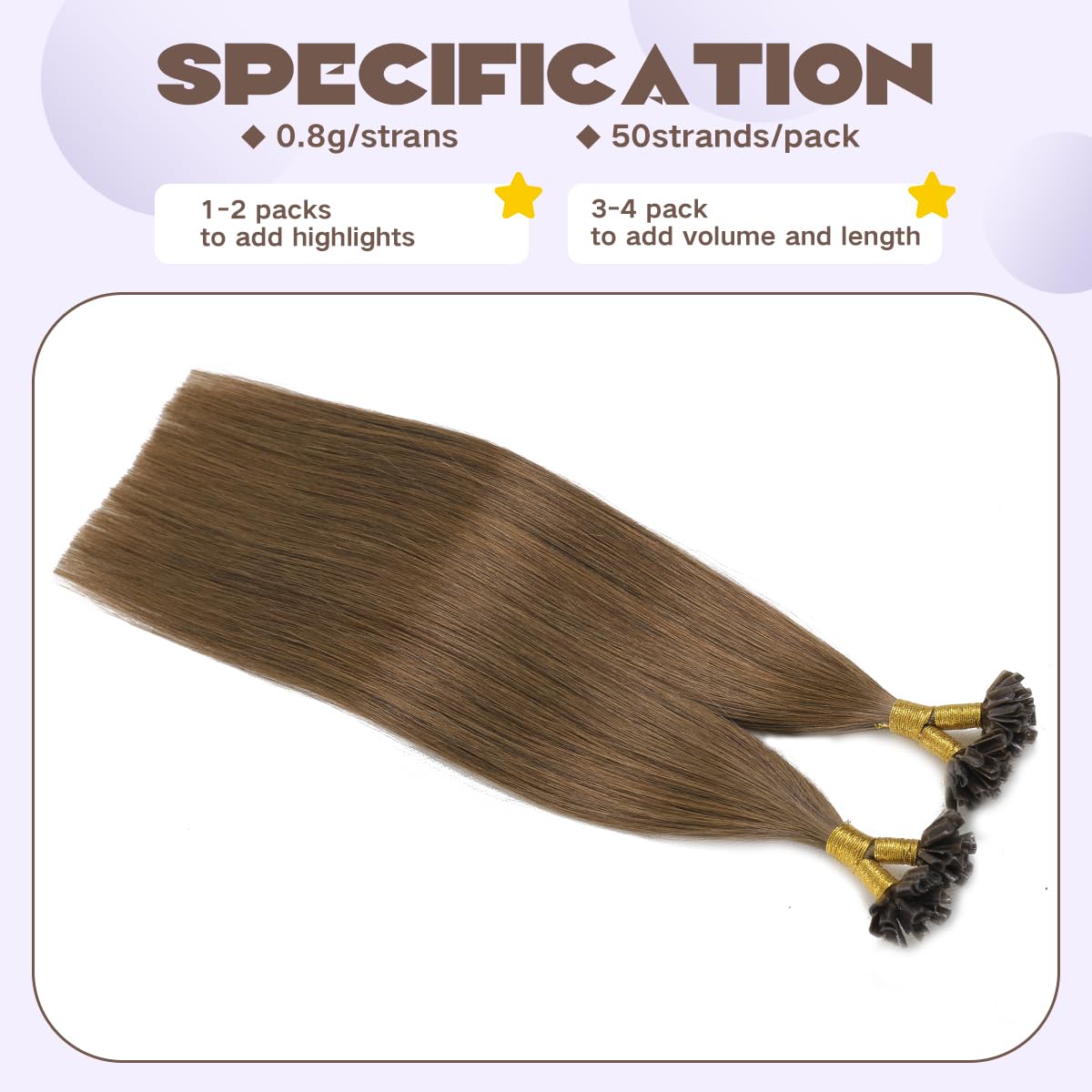 Sindra Extension Capelli Veri Cheratina U Tip Human Hair Castano Cioccolato 35cm 50Ciocche 40g Extension Cheratina Capelli Veri Umani U#4-35cm