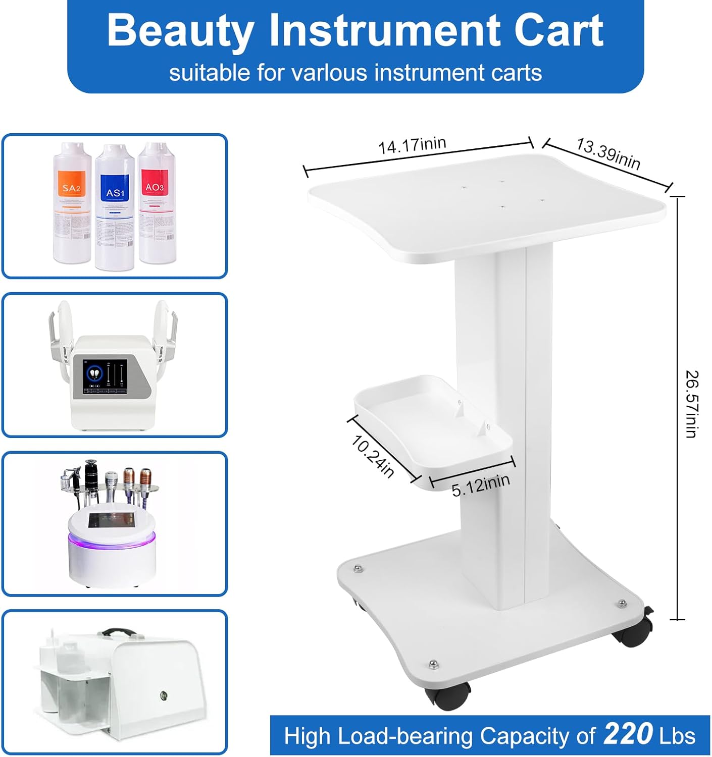 Esthetician Trolley Cart with Wheels, Salon Spa Beauty Machine Rolling Trolley Stand, 3 Tier Beauty Rolling Cart, Load 220Lbs, Aluminum Esthetician Machine Mobile Cart for Beauty Instrument Storage