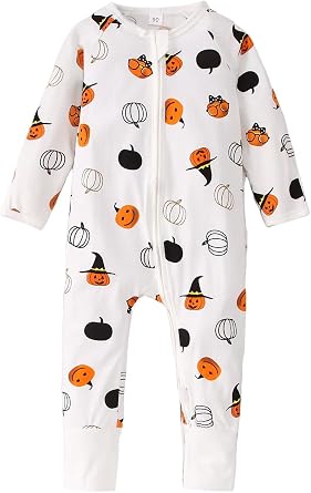 MODNTOGA Halloween Outfit Baby Boy Girl Pumpkin Graphic Romper Long Sleeve Pumpkin Print Jumpsuit Newborn Infant Fall Clothes