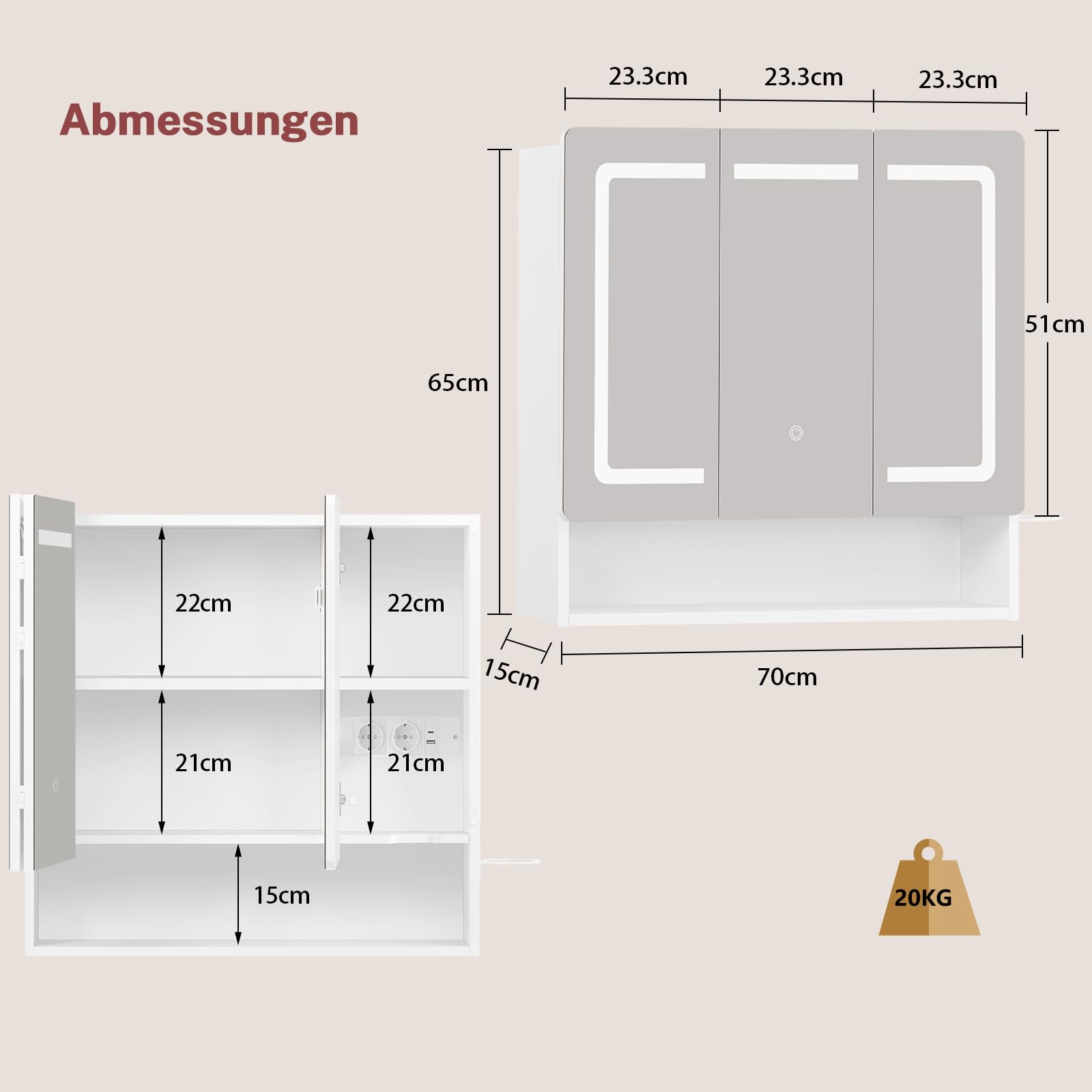 TEENFON Spiegelschrank Bad mit Beleuchtung LED, Badezimmer Spiegelschrank mit Klappspiegel und Steckdose, 3-Fach Farbtemperatur dimmbar, Haartrockner-Halter, verstellbare Ablagen, 70x15x65cm