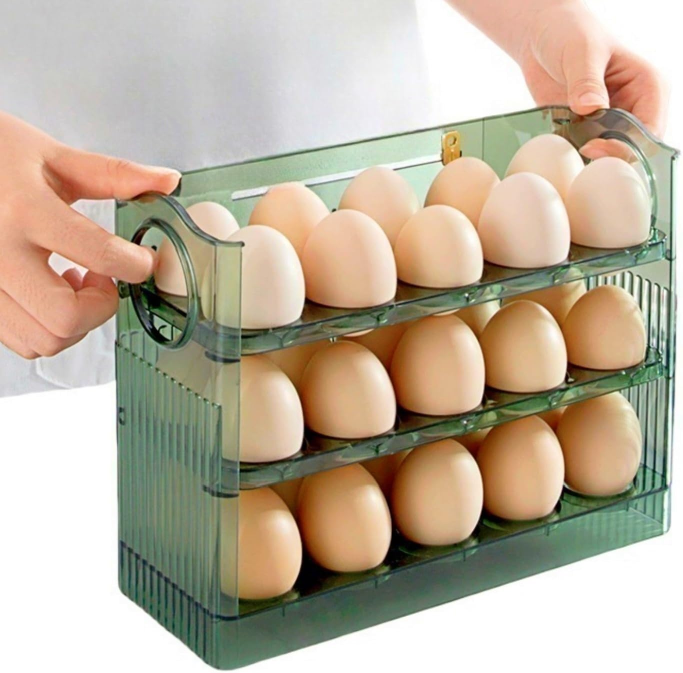 Egg Holder for Fridge,3 Tiers Egg Organizer,Automatic Rebound Egg Dispenser with Timers,30 Eggs Container for Kitchen Countertop and Refrigerator (Green)