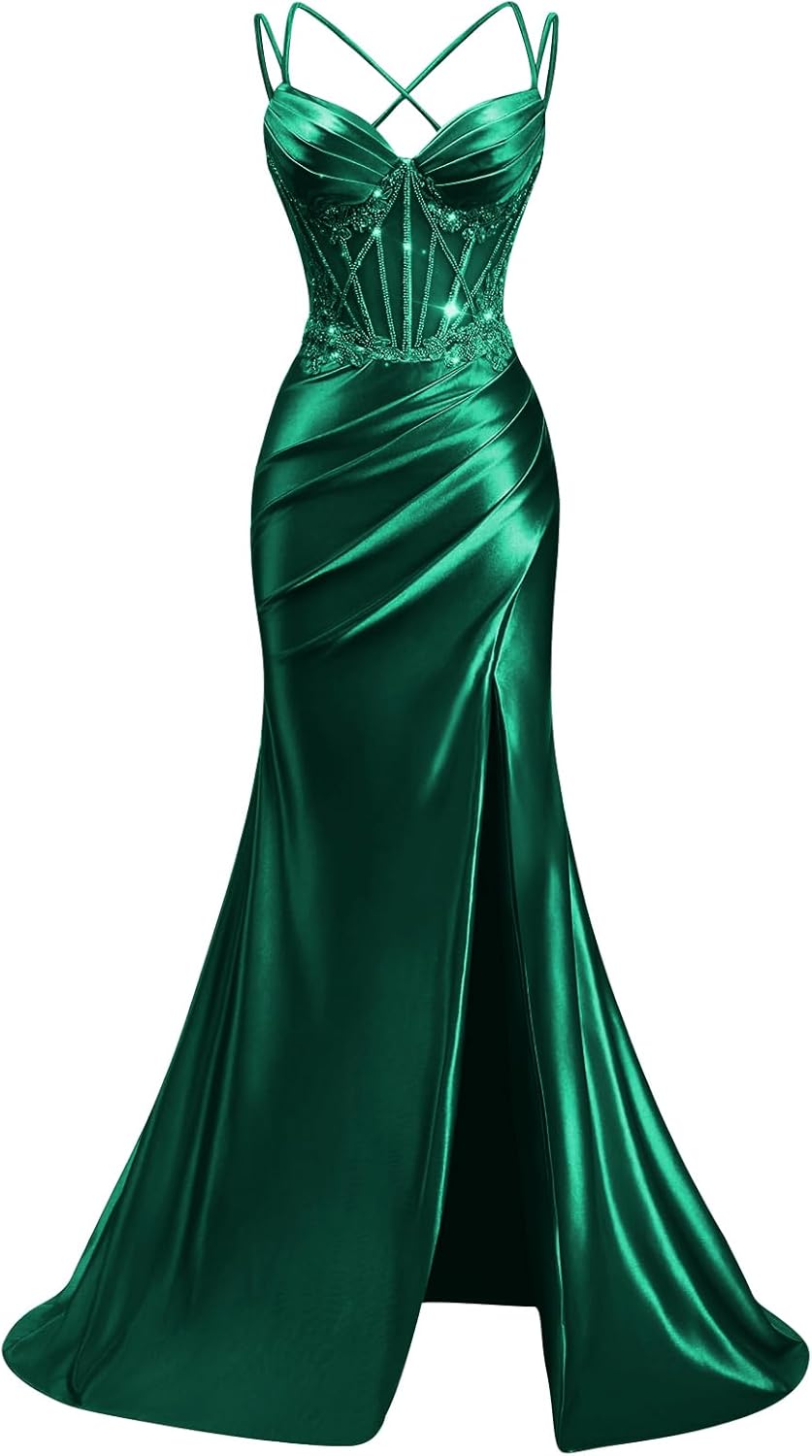 GUKARLEED Women’s Ruched Satin Prom Dresses 2026 V Neck Lace Appliques Formal Dress Long Wedding Guest Dress with Slit