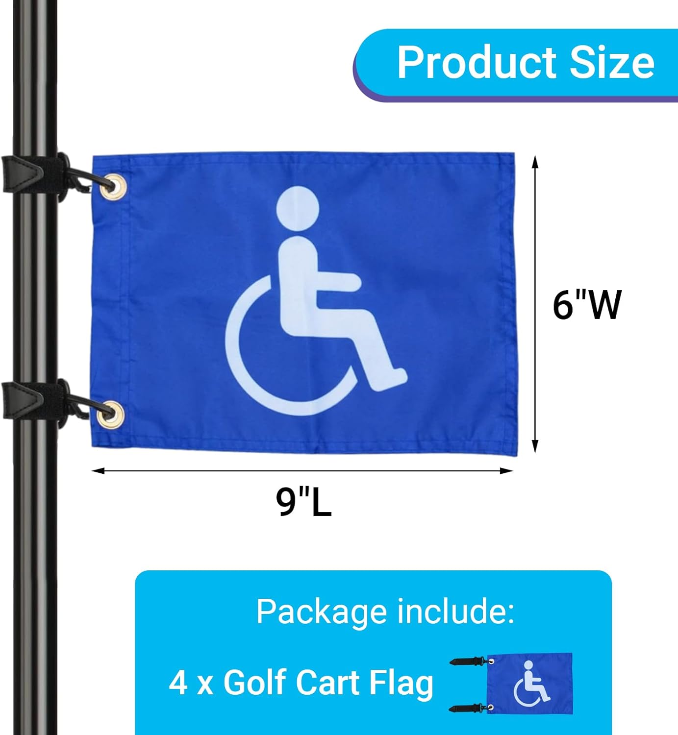 Disable Handicap Flag for Golf Cart, Boat, Bike - Blue Safety Golf Flag with Elastic Strap Bracket, 9"L x 6"W (4)