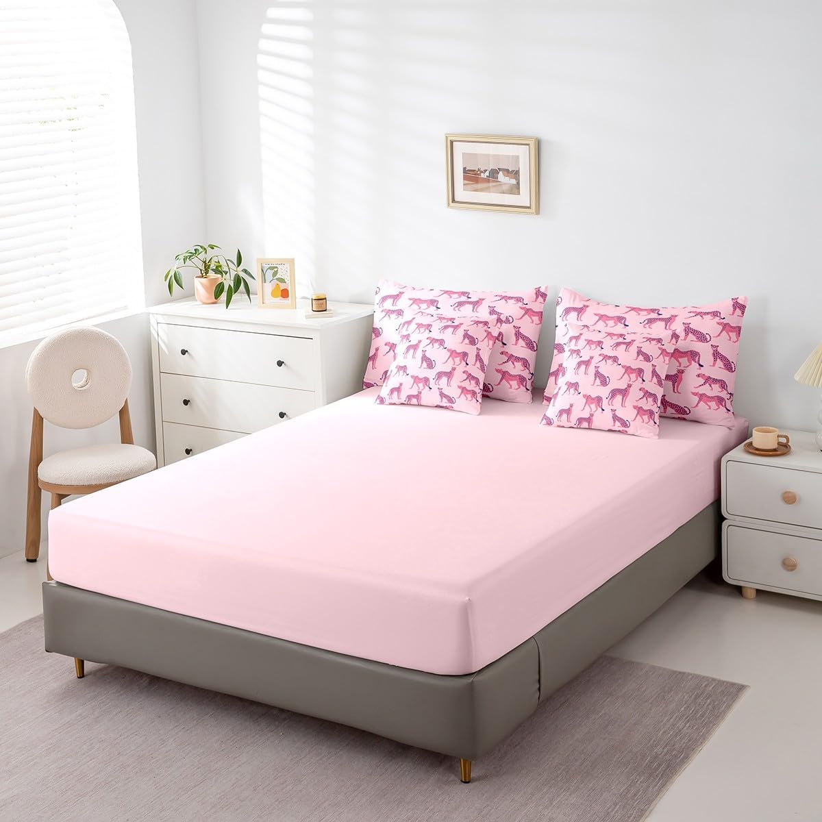 Castle Fairy 7 Pcs Pink Animal Full Comforter Set Cute Jungle Leopard Girly Bedding Sets for Kids Teens Adults Bed in a Bag(Comforter Flat Sheet Fitted Sheet 2 Pillowcases 2 Throw Pillow Covers)