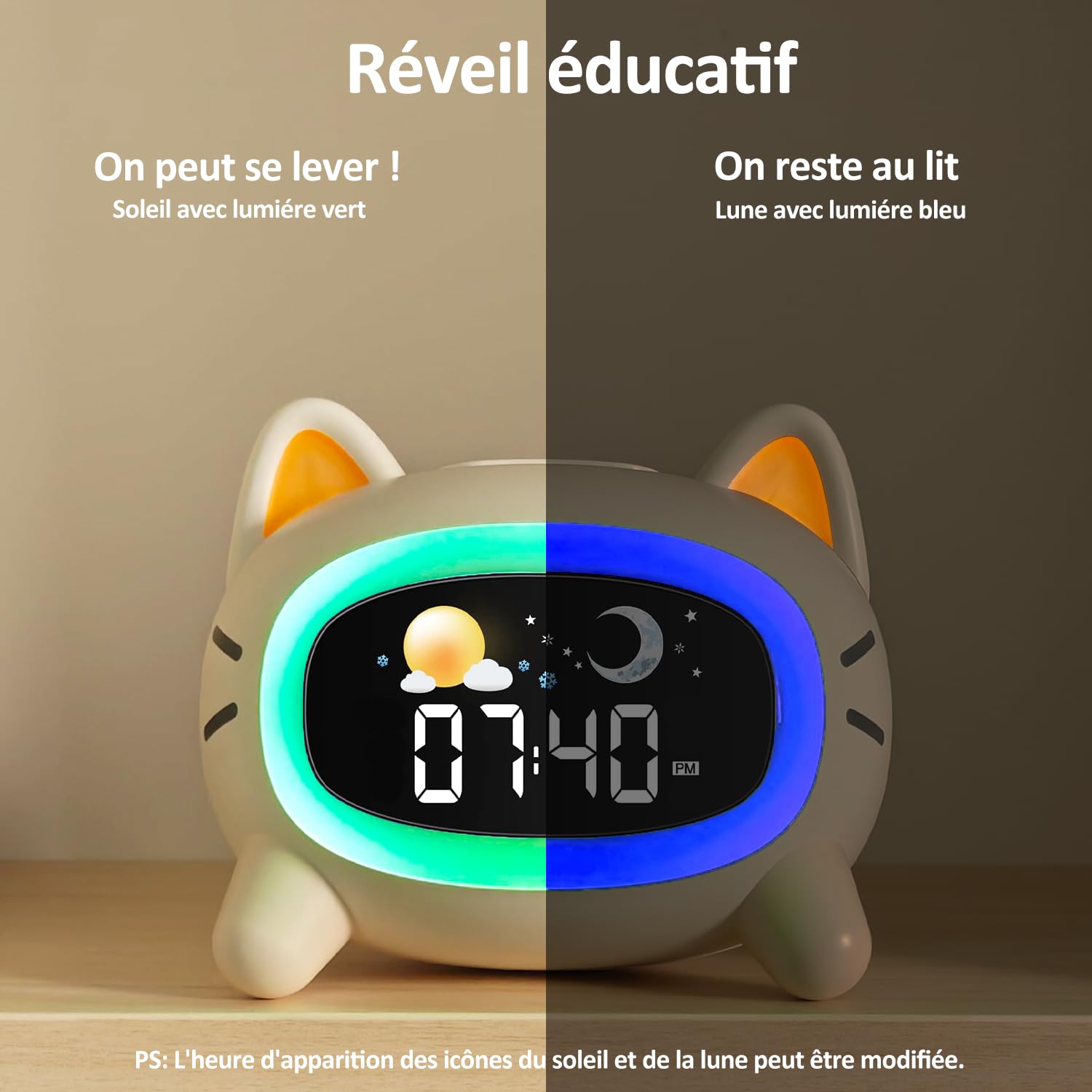 Réveil Enfant éducatif Jour/Nuit avec 2 Réveils Alarmes - Mode Weed-End - Veilleuse - Son de Sommeil - Rechargeable avec Secteur pour Enfant Fille Garçon (Lot de 2)