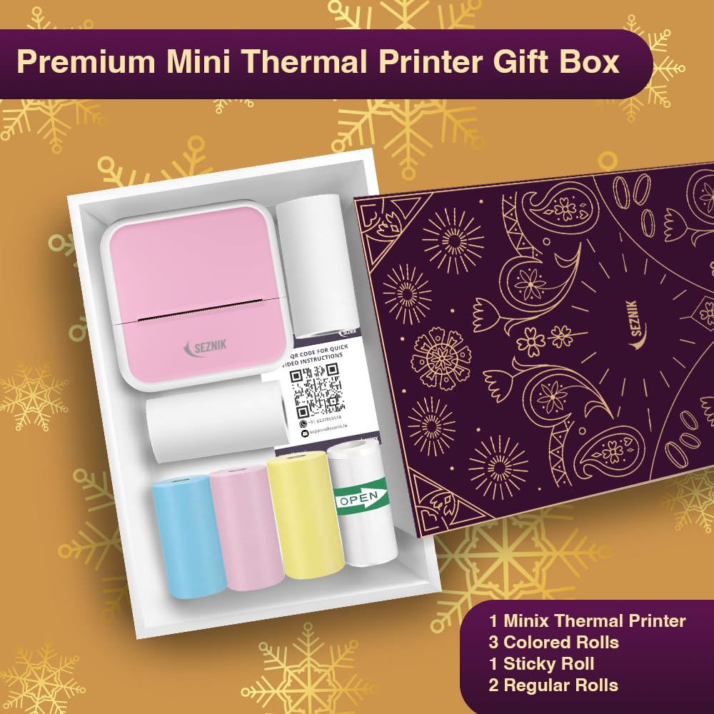 SEZNIK Mini Printer, Inkless, Thermal, Bluetooth, Portable Printer, Compatible with Android, iOS Mobile. 1 Year Warranty (MiniX-Pink-Gift) 1