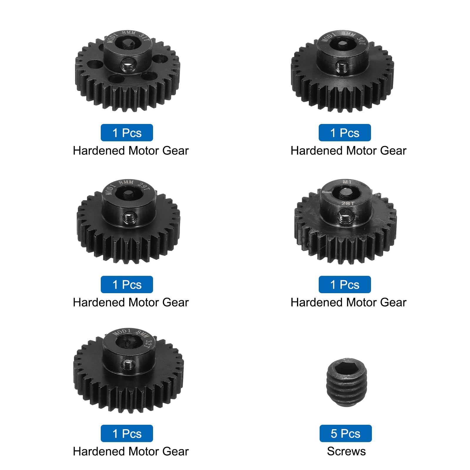 DMiotech M1 28T 29T 30T 31T 32T - Engranaje de motor de piñón endurecido de acero de 8 mm para motores sin escobillas de repuesto de coche RC, aplicaciones RC con 5 tornillos para bricolaje RC Boat