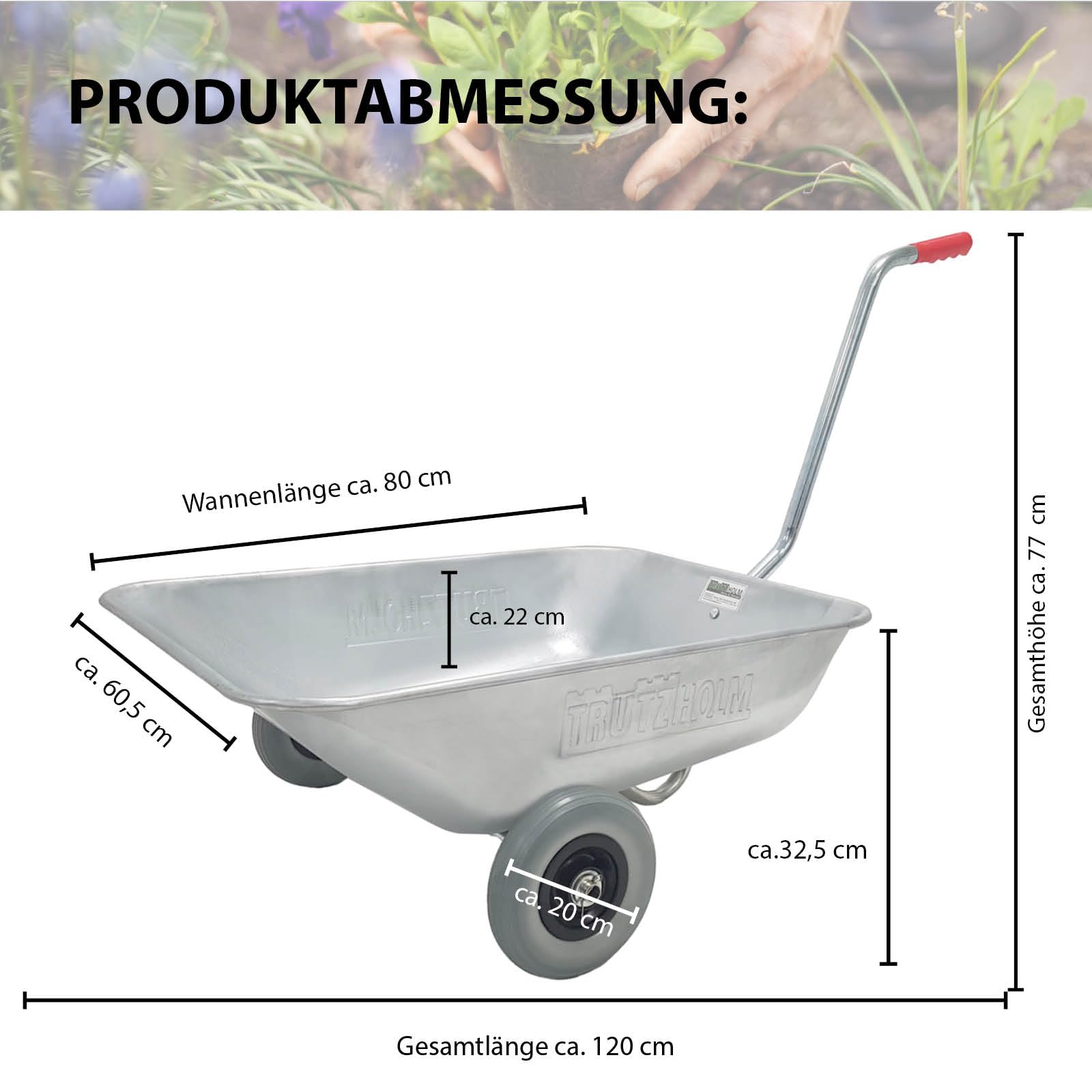 TRUTZHOLM Schubkarre Einhandkarre Friedhofskarre Pflanzkarre Gartenkarre Handwagen Traglast 100 kg mit Vollgummirädern