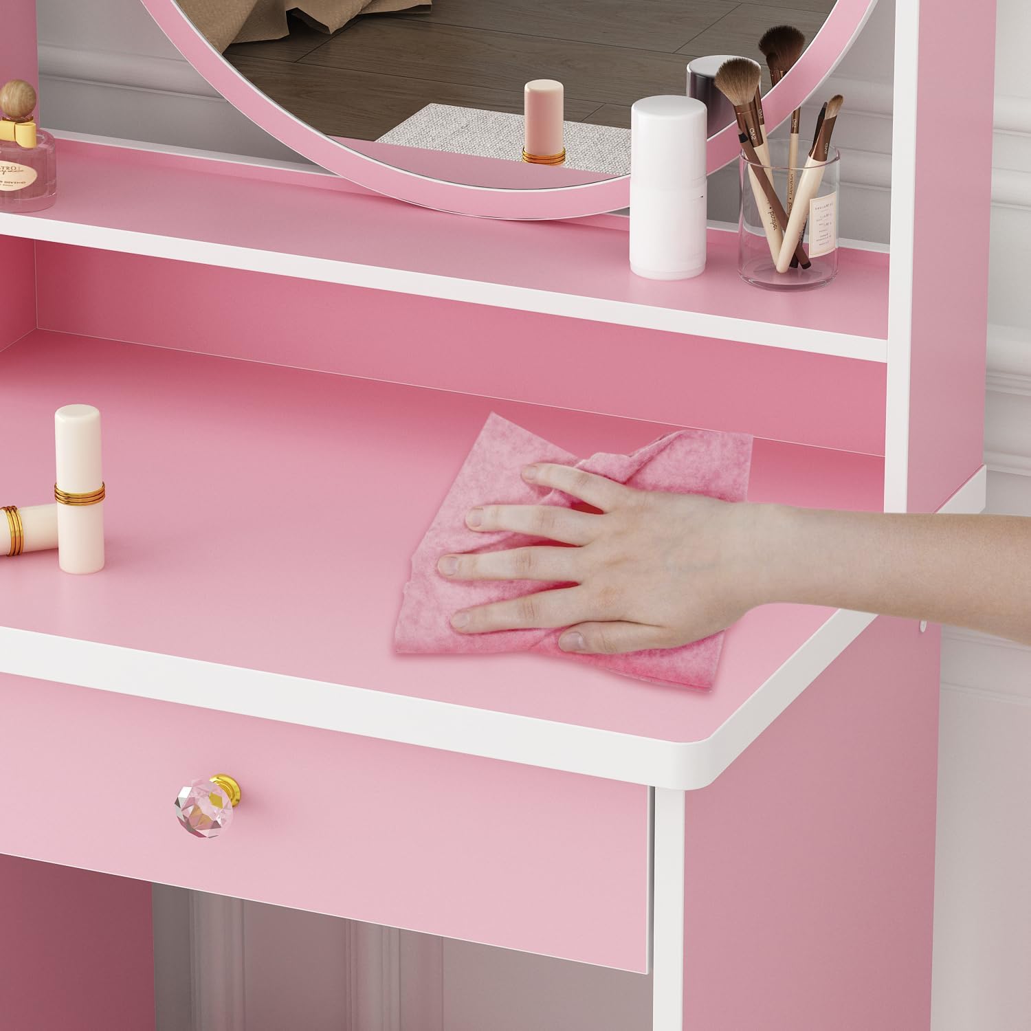 Pink Vanity with Mirror, Vanity Mirror with Desk and Chair, Dressing Table with Round Mirror, 5 Drawers & Cushioned Stool for Girls Bedroom, 15.7" D x 31.5" W x 53.1" H (No Light)