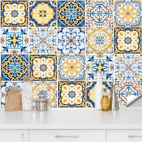 QUCUMER 20 PCS Vinilos Azulejos Adhesivos 15x15cm, Adhesivos para Azulejos Cocina de Mosaico, Vinilos Decorativos Baño azulejo Impermeable, Marroquí Vinilo Autoadhesivo para Decorar Pared de Baño