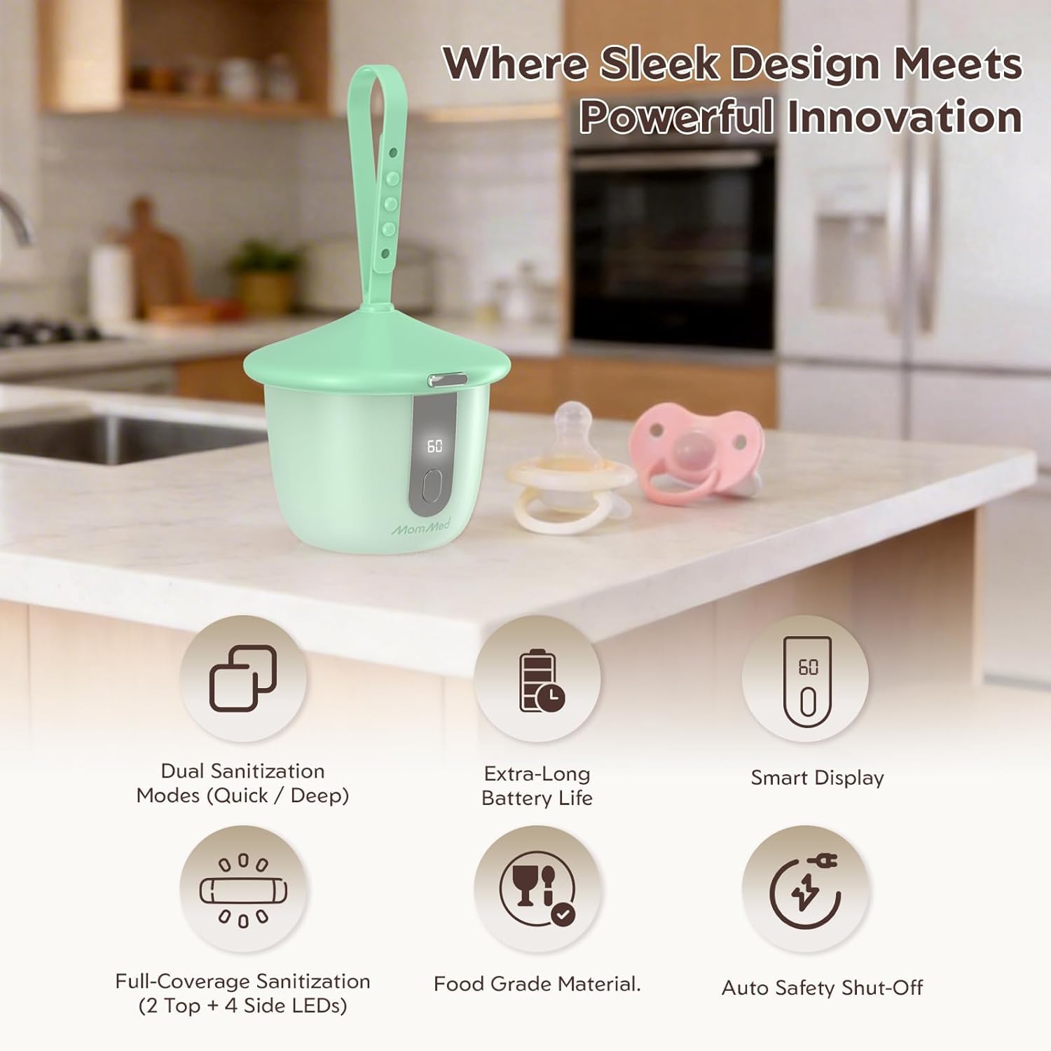 MOMMED Stérilisateur Tétine Portable UV-C, Boîte Stérilisatrice Tétine Bébé avec 6 LED, Nettoyage Rapide en 1 Minute, Rechargeable USB-C, Étui Tétine avec Écran Intelligent pour Maison et Voyage, Vert