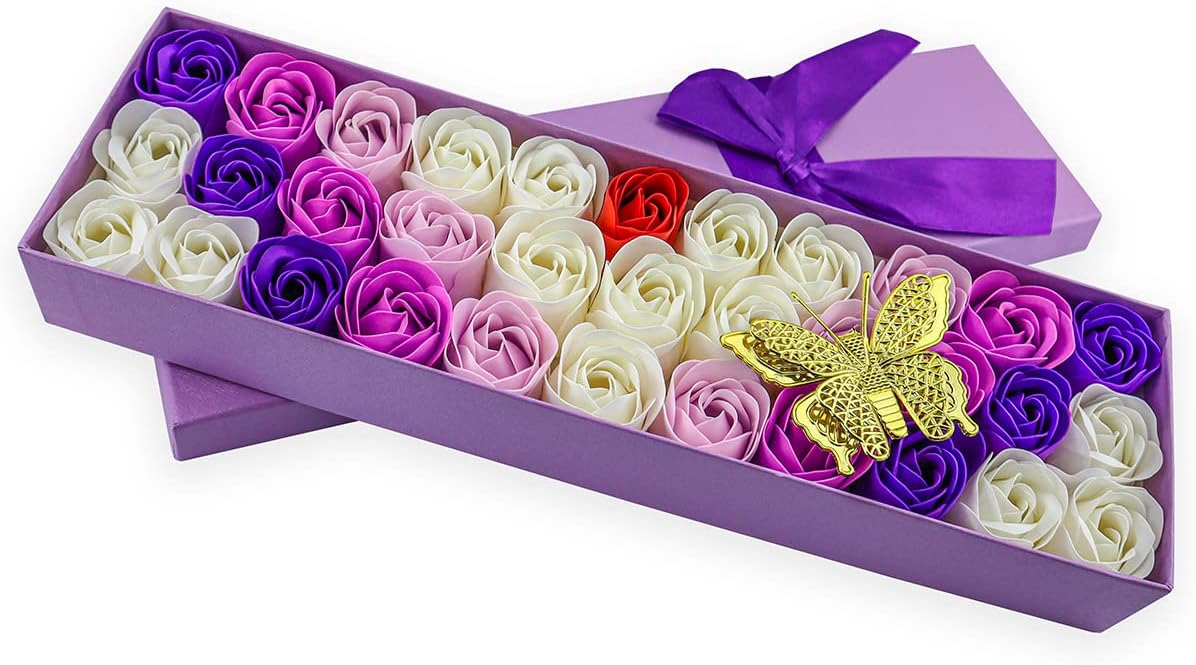 33 PCS Floral Scented Bath Soap Rose Flower Petals, Plant Essential Oil Rose Soap Set Gifts Ideas for Her Women Girls Mom Valentine's Day, Purple Gift Box