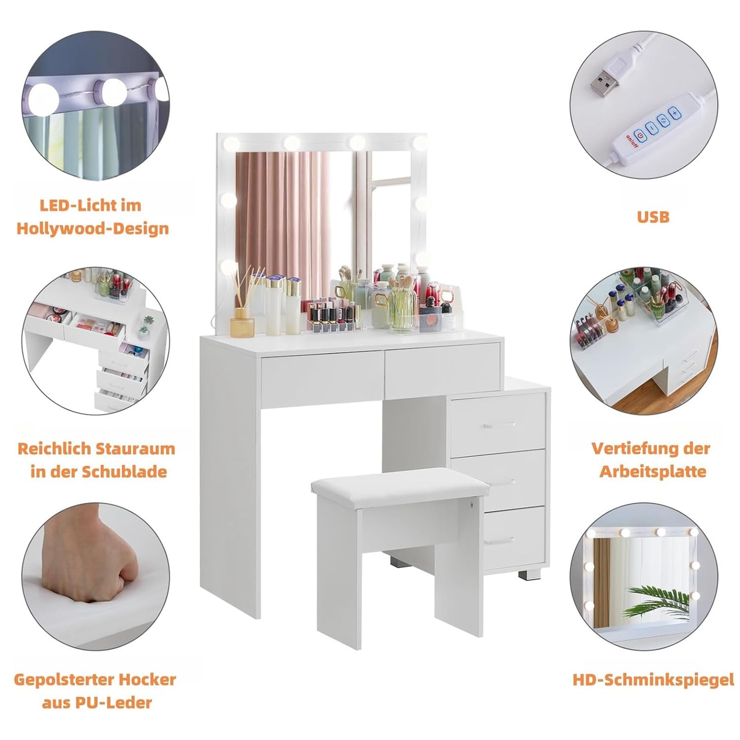 CLIPOP Schminktisch mit Spiegel und Beleuchtung,Verstellbare Helligkeit,Make-up Tisch mit 5 Schubladen und Dehnbarem Nachttisch,Modernes Frisiertisch Kosmetiktisch Hocker Set Schlafzimmermöbel