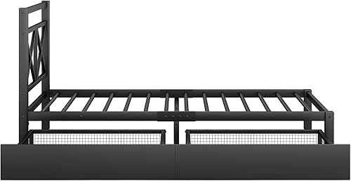 Miniatura 6 de Cama de plataforma de metal de tamaño individual con cabecero y cajones para niñosniñasadultos, no necesita somier, silenciosa, color negro