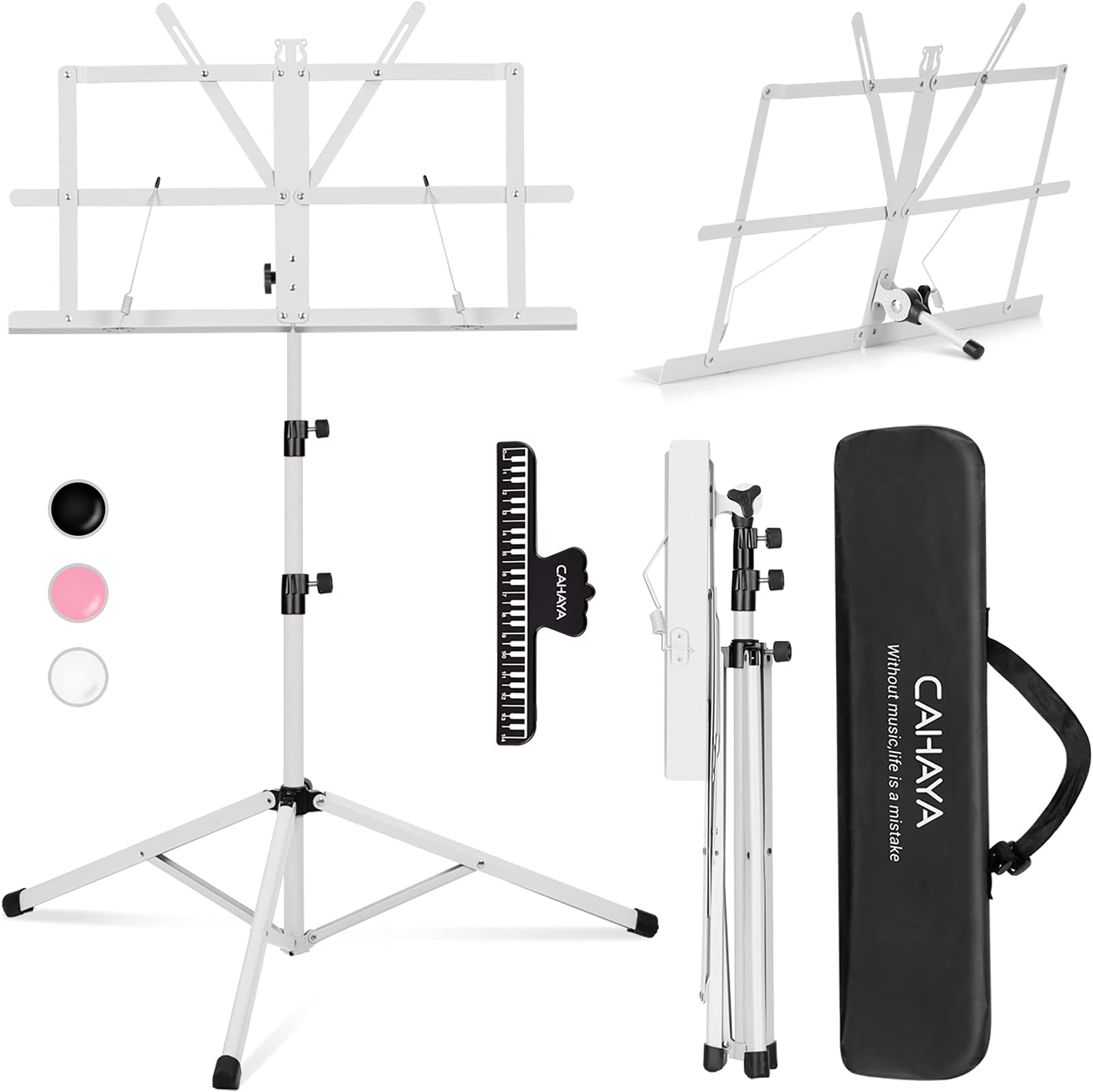 CAHAYA Sheet Music Stand Metal Portable with Carrying Bag, Sheet Music Folder, Projector Stand, Portable Podium Stand, Laptop Stand White