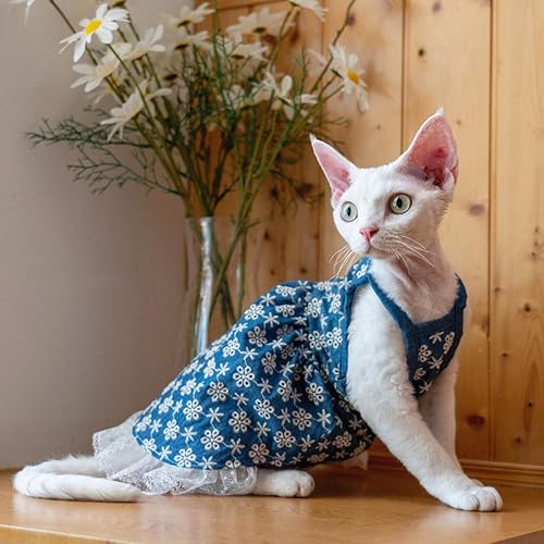 Miniatura 8 de Ropa de gatos sin pelo, vestido de encaje floral bordado, vestido de verano transpirable sin mangas, camisola, falda sin mangas para Sphynx, Cornish