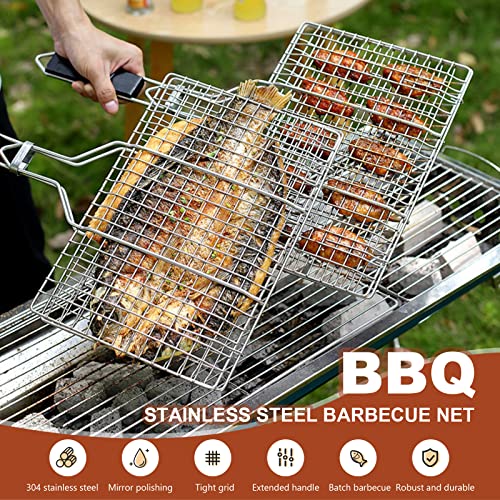 Grillkorb Fischbräter, Fisch-Grillkorb, Edelstahl Barbecue Grillschale, Faltbar, Tragbar, Rostfreie Zubehör Körbe zum Grillen, Grillkorb für Fisch und Gemüse, mit Oxford-Tasche & 2 Silikonbürste
