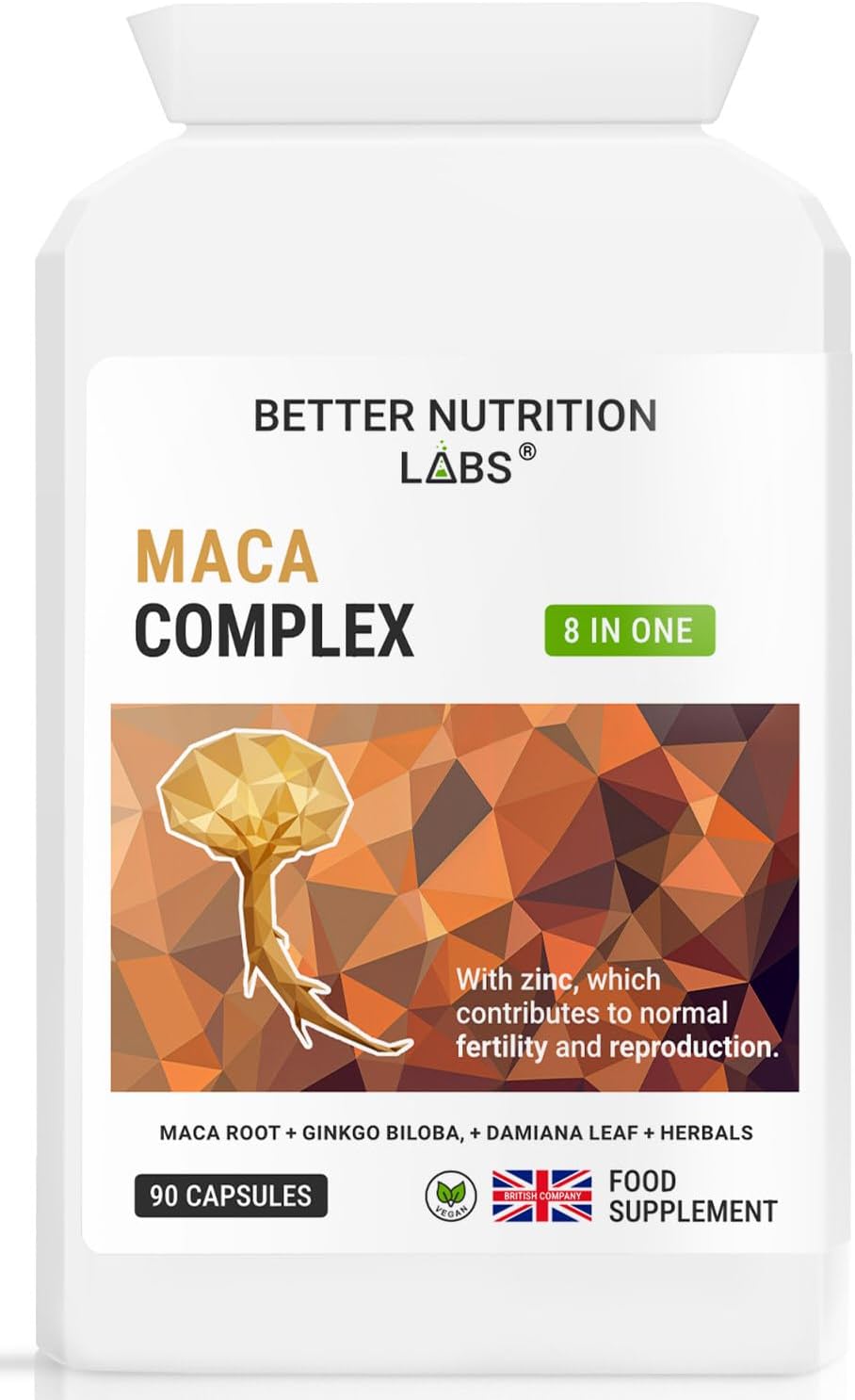 Maca Complex – 8-in-1 Mens’ Herbal Formula with Maca Root, Ginkgo Biloba & Damiana Leaf – 90 Easy-to-Swallow Vegan Capsules – Better Nutrition Labs