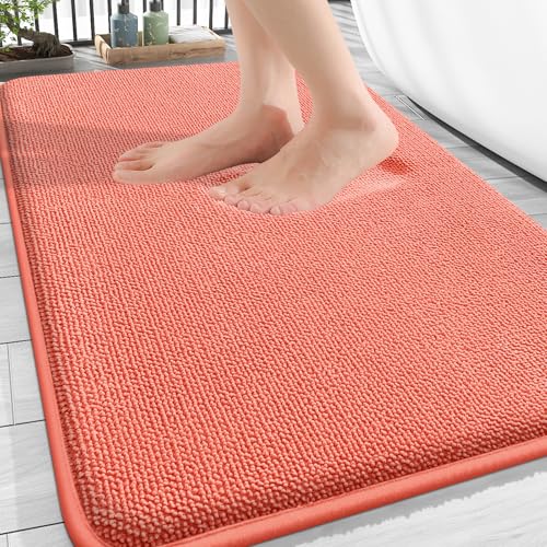 Image of OLANLY Thick Memory Foam Bath Mat Rug 30x20, Extra Soft Absorbent Bathroom Rug, Quick Dry Bath Mats, Non-Slip, Machine Washable Carpet for Bathroom, Tub and Shower, Home Decor Accessories, Coral