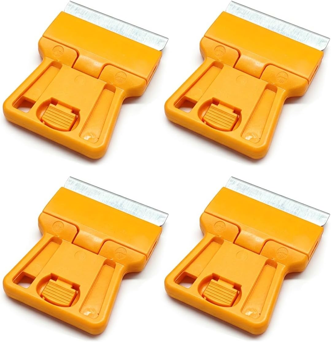 4PCS Razor Blade Scraper Tool Set, Mini Plastic Sticker Decal Residue Remover, Multi-Functional Paint Caulk Cleaner for Glass, Window, Floor, Stove Top (Yellow)