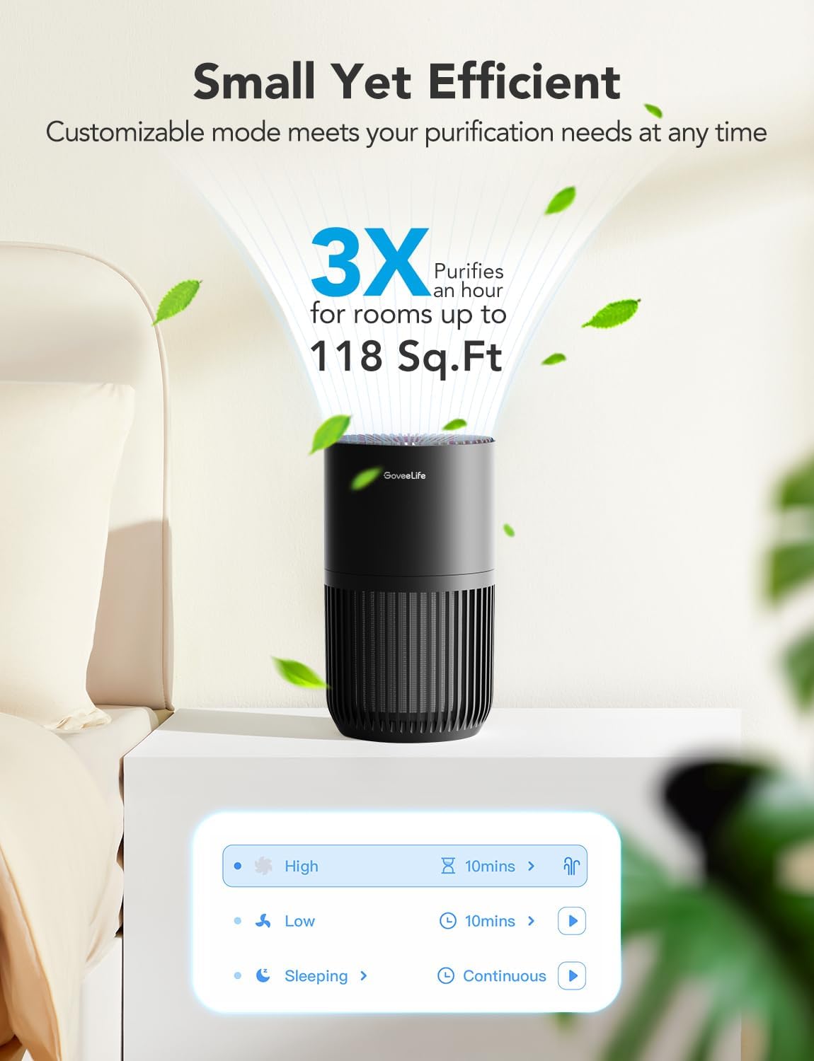 GoveeLife Mini Air Purifier for Bedroom, Smart Filter Air Purifier with App Alexa Control for Pet Hair, Odors, Pollen, Smoke, Portable Air Cleaner with 3 Speeds, 2 Modes, Timer, Aroma for Home - Image 4