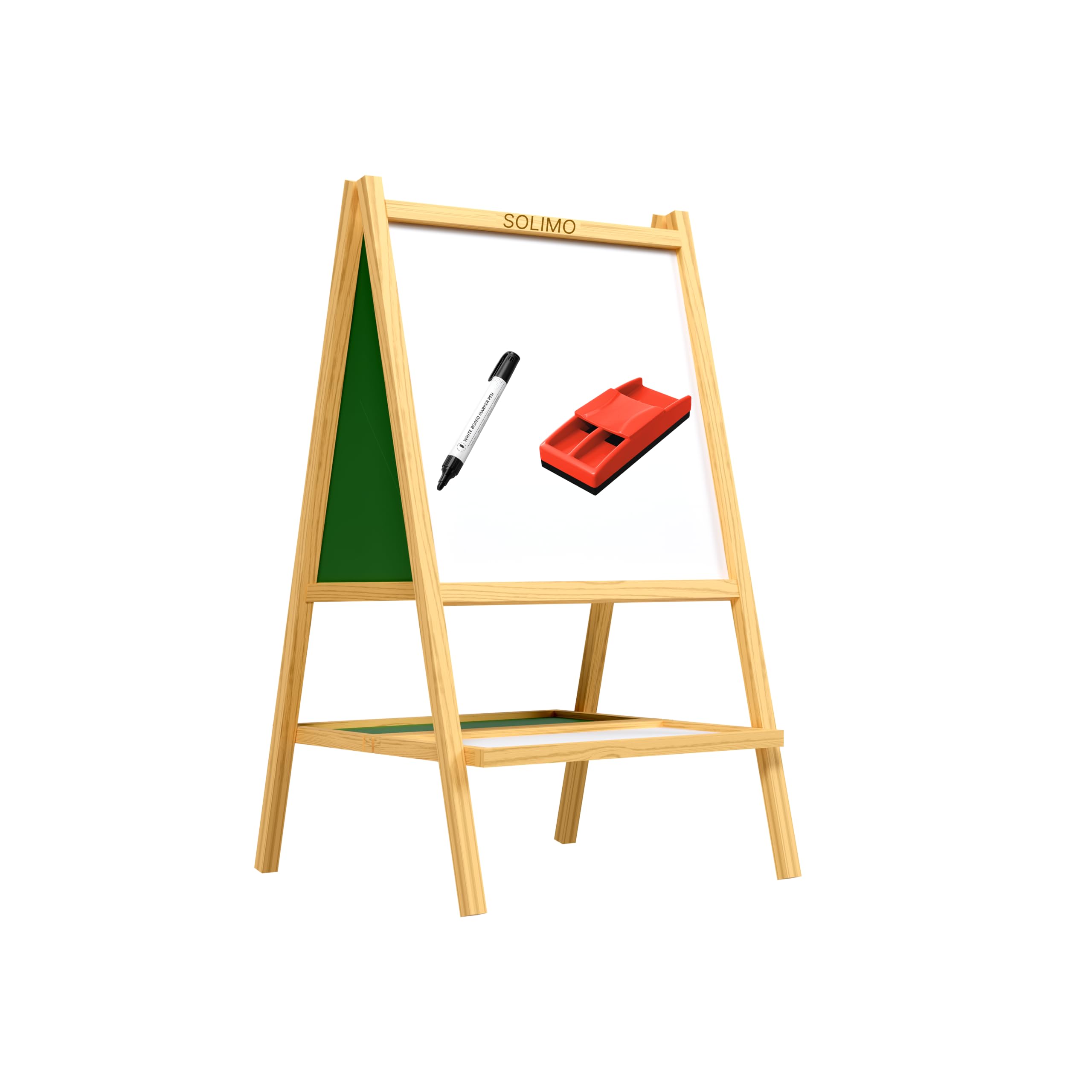 Amazon Brand - Solimo 2 in 1 Double Sided Wooden Easel Stand, Whiteboard and Chalkboard, A-Type Foldable, 80 cm x 40 cm, with Tray, for Kids with Whiteboard Marker & Non-Magnetic Duster-image-3