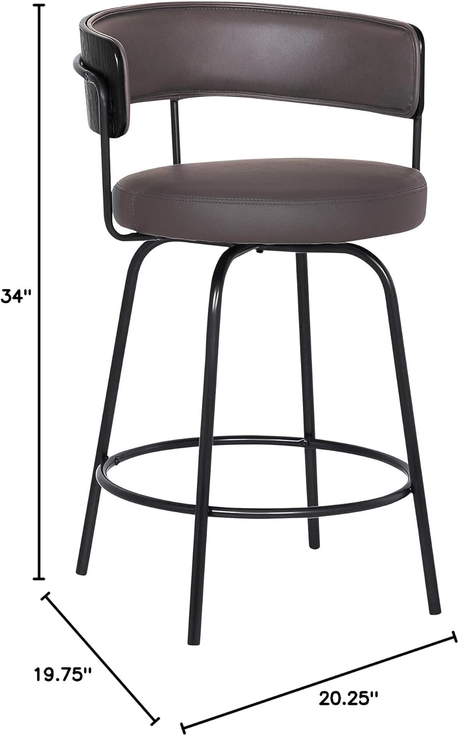 Armen Living Avalon Faux Leather Swivel Barstool, 26" Counter Height, Gray/Black