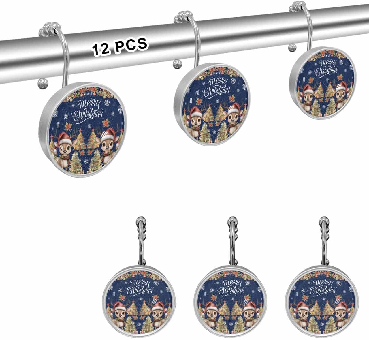Shower Curtain Hooks 12 Pcs Merry Christmas Xmas Tree Deer Snowflake Blue Stainless Steel Rust Proof Rolling Shower Curtain Rings, Decorative Shower Curtain Hooks Hangers for Bathroom