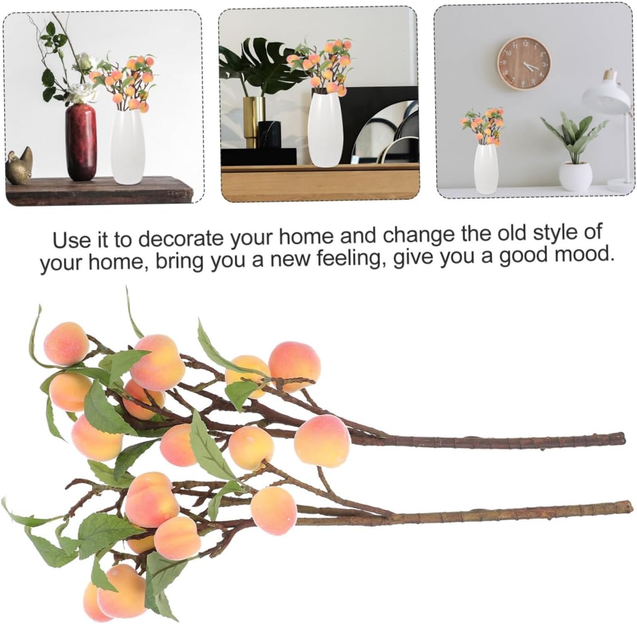 Cabilock Faux Peach Fruit Branches 2pcs Medium Size Pink Artificial Peach Stems Simulation Fruit Branches for Home Décor Floral Arrangement