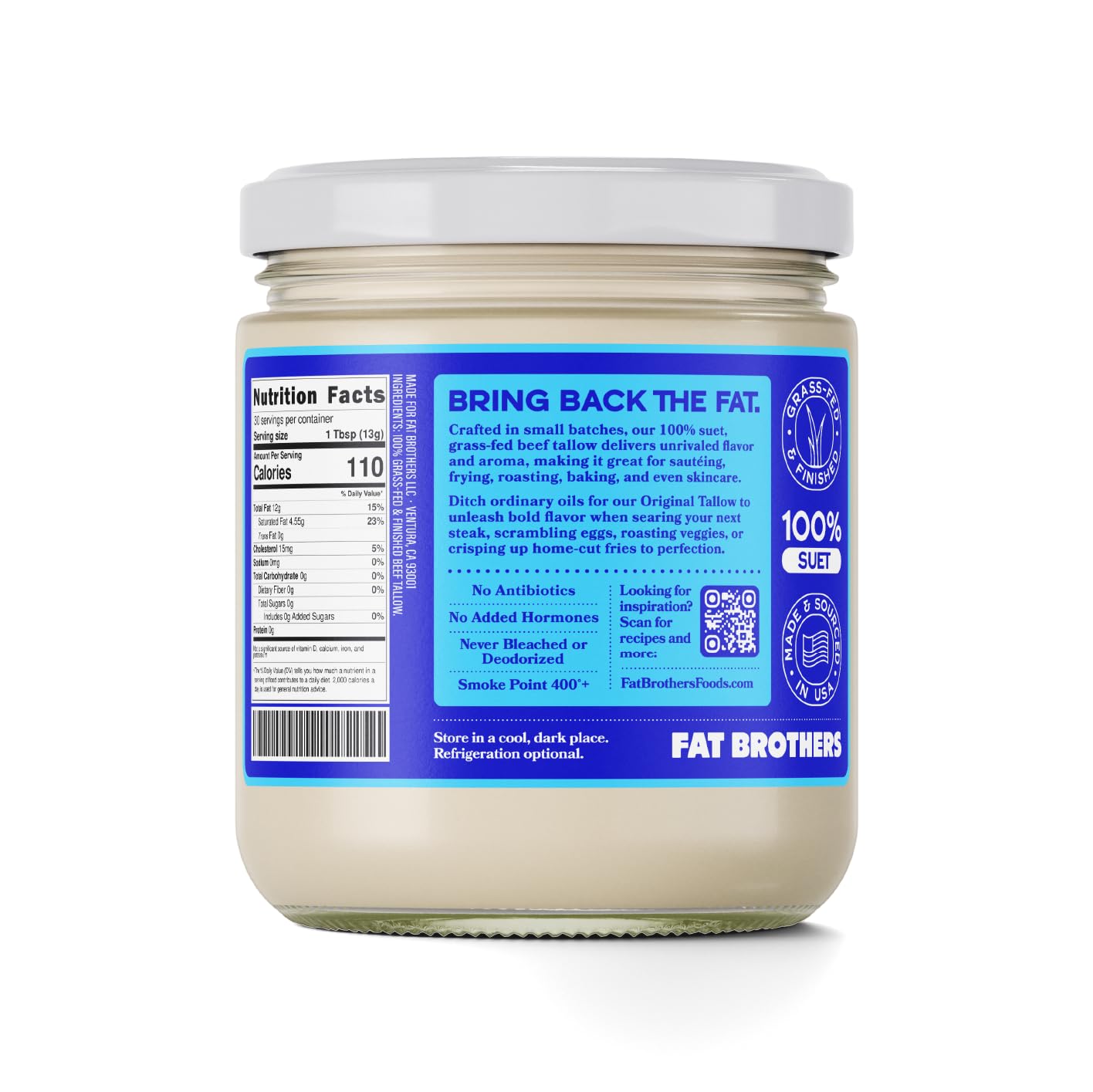 Fat Brothers Original Grass-Fed Beef Tallow, USA Made and Sourced, 100% Suet, 2 Pack 14oz Jars, No Added Hormones or Antibiotics, For Cooking, Frying, Baking, Skincare, & More