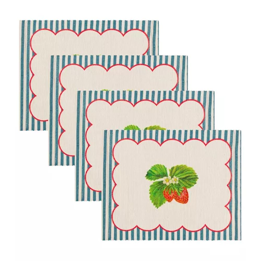Wylder Strawberry Stripes Placemats – Washable Vibrant Summer Fruit Striped Set of 4 Quick Drying Table Mats (Blue - 46x36cm)
