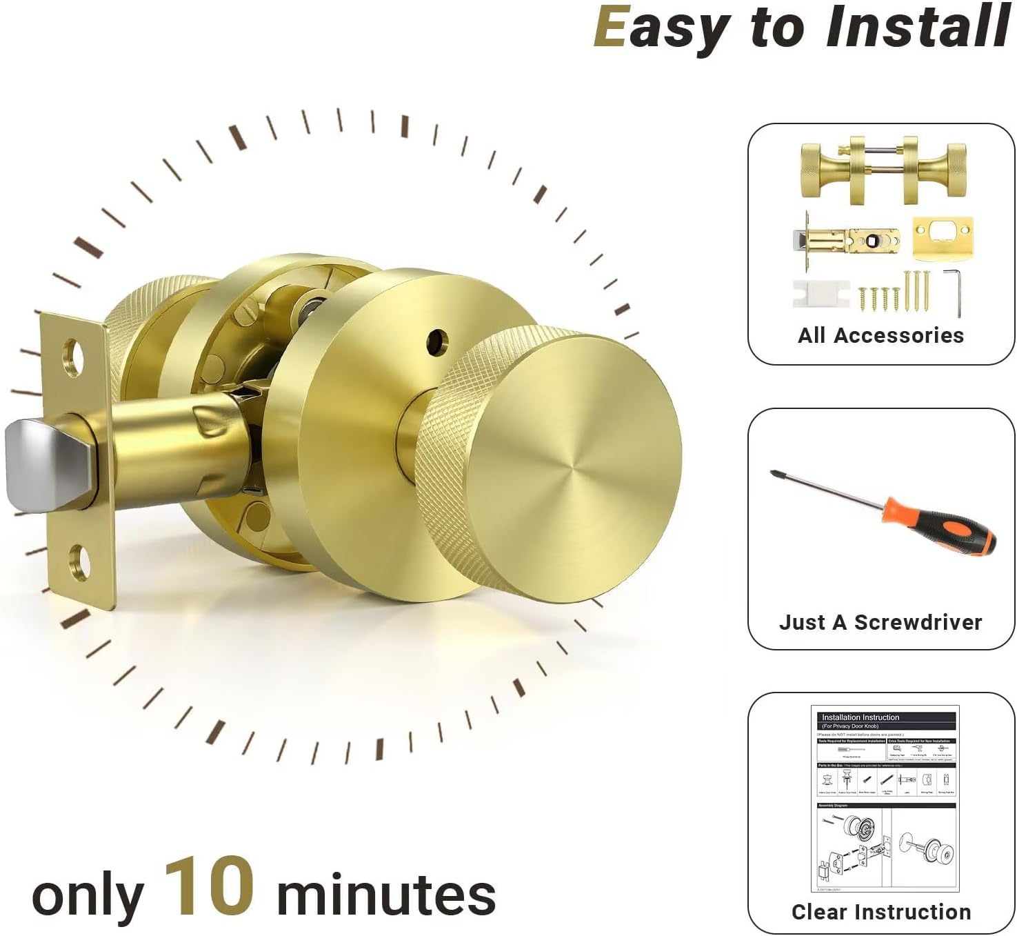 Knobonly 6 Pack Gold Door Knobs Interior, Privacy Door knobs with Lock, Round Door Knobs for Bedroom and Bathroom, Brass Door Handles Zinc Alloy