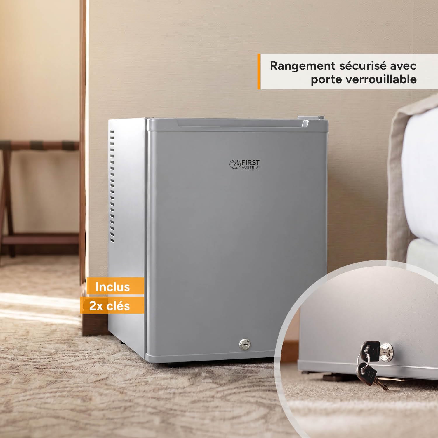 TZS First Austria - Silent 40L mini fridge - Small mini fridge with reversible door and interior light - Minibar for camping, office, bedroom & hotel - Grey