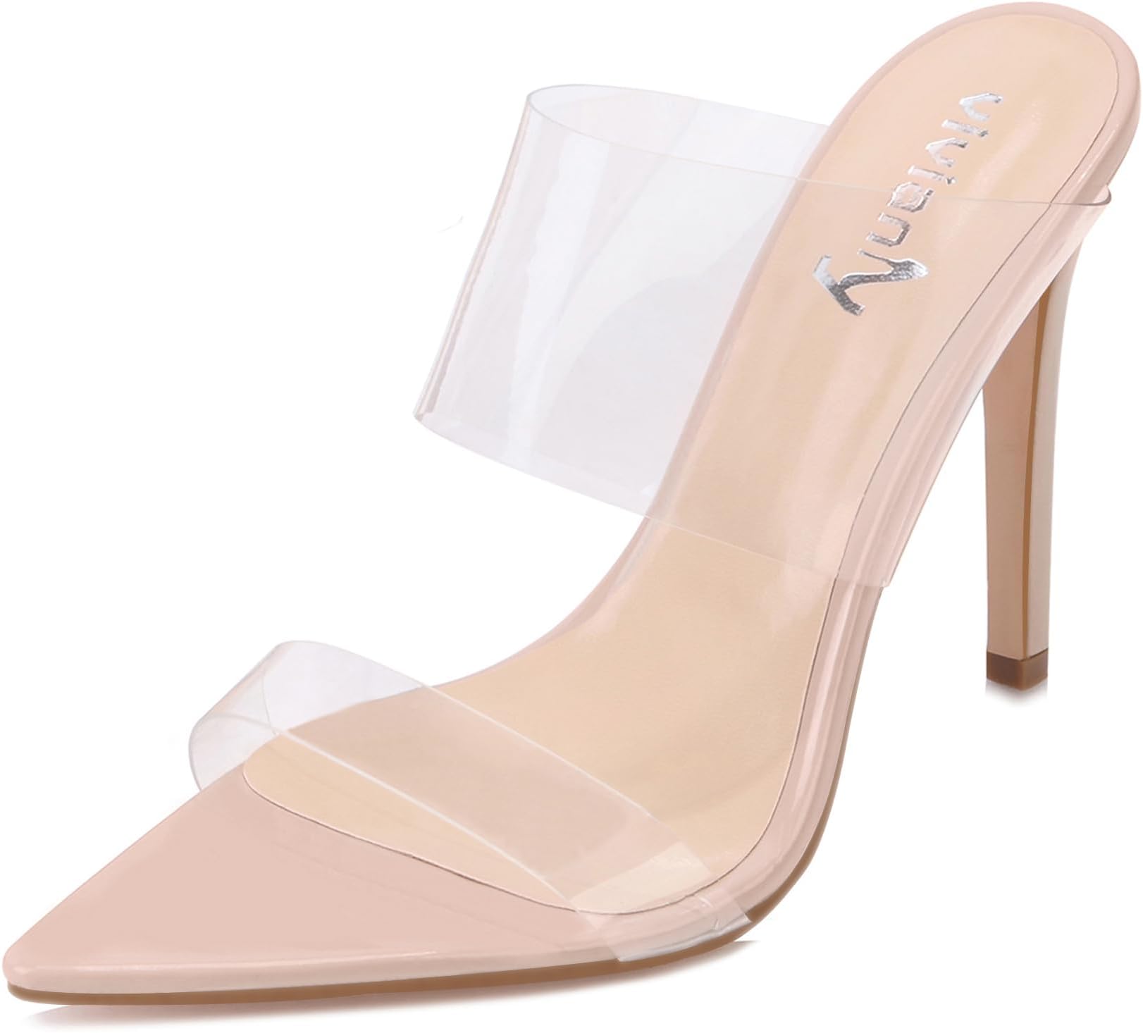 Clear Pointed Toe Heels Sandals Transparent Strap Stiletto High Heels Slip on Mules for Women