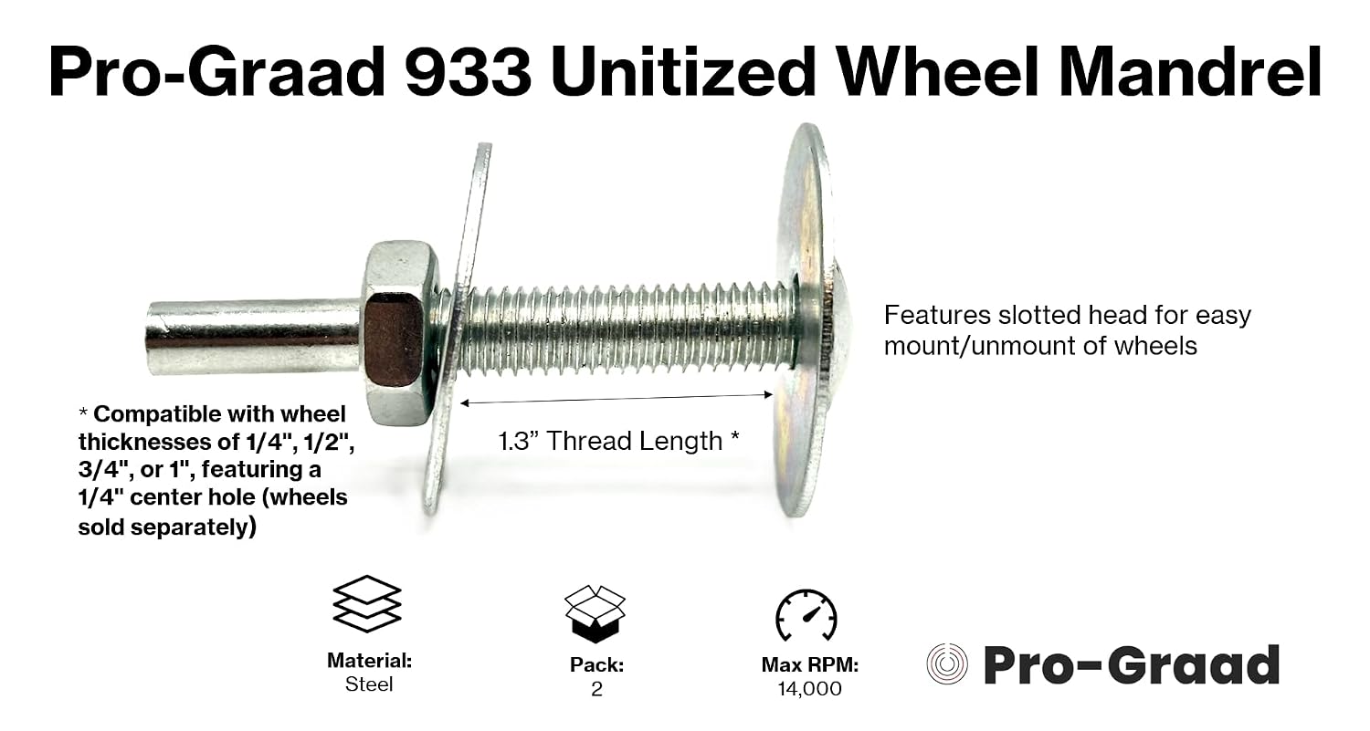 2 Pack 933 Unitized Wheel Mandrel, 2” x 1/4” x 1-1/4”, for attaching 2” – 4” Diameter – 1/4” Center Hole Buffing, Polishing, Unitized Wheels to Rotary Tools, Pack of 2