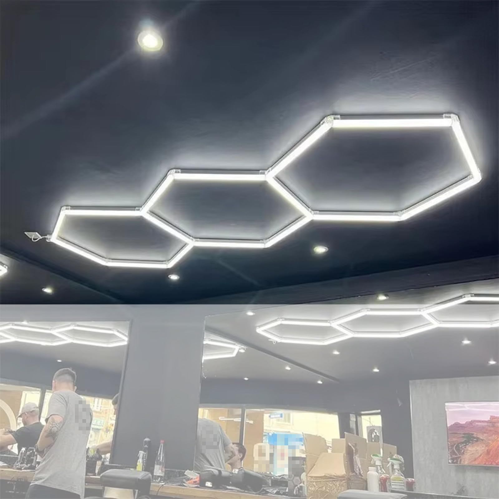 Plafonnier Hexagonal en nid d'abeille 128 W 6 500 K 3 lumières LED hexagonales pour garages, gymnases, sous-sols, entrepôts, ateliers de détail Automobile