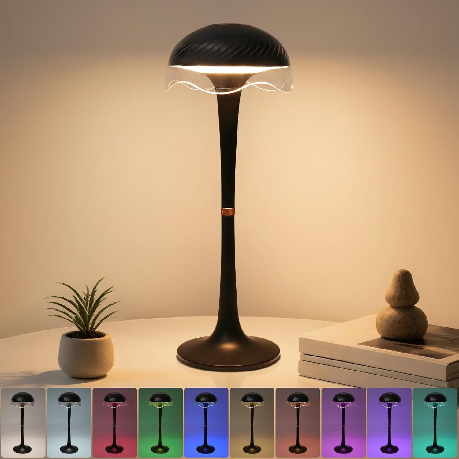DEXULESA Cordless Table Lamp, Portable Battery Operated Touch Control Lamp with 3 Colors & 7 RGB Stepless Dimmable, Rechargeable Table Lamp for Home Office/Dinner/Restaurant/Bedroom (Black)