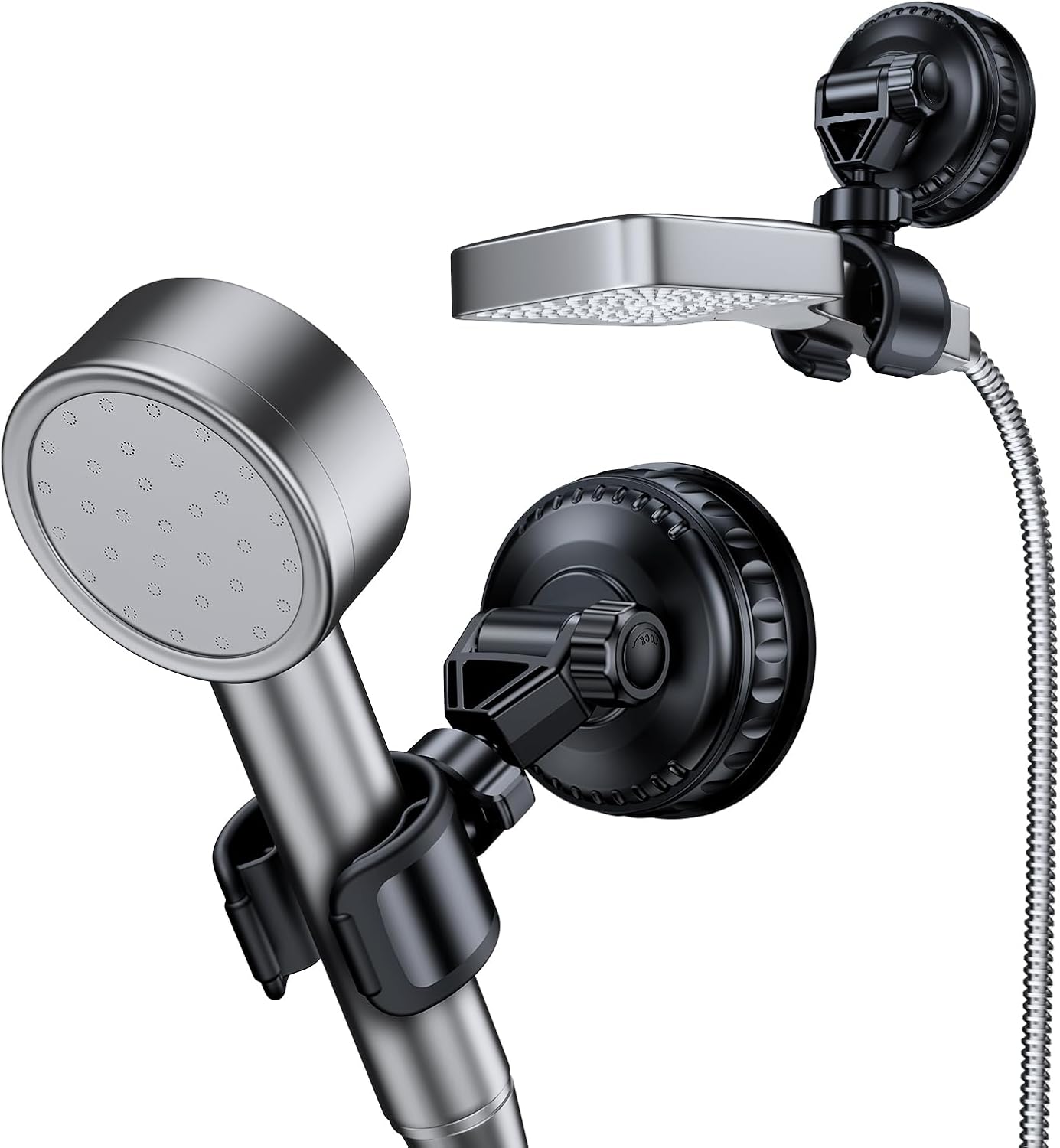 Adjustable Shower Head Holder - Suction Cup No Drill Shower Wand Holder with 360° Swivel, Extended Arm & 10kg Load Capacity, Fit for Handheld Shower Head in Bathroom, RV & Rental Space
