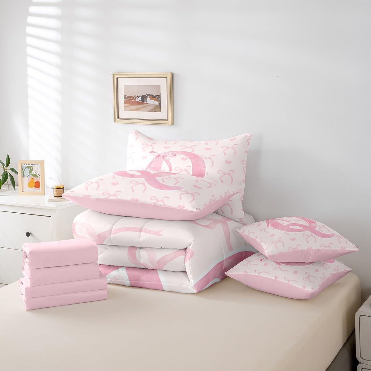 Erosebridal 7 Pcs Pink Bow Sheet Set Bed in A Bag Twin Size for Girls Romantic Alphabet Q Bed Set Cute Love Hearts Comforter Fairy Girly Dreamy Princess Style