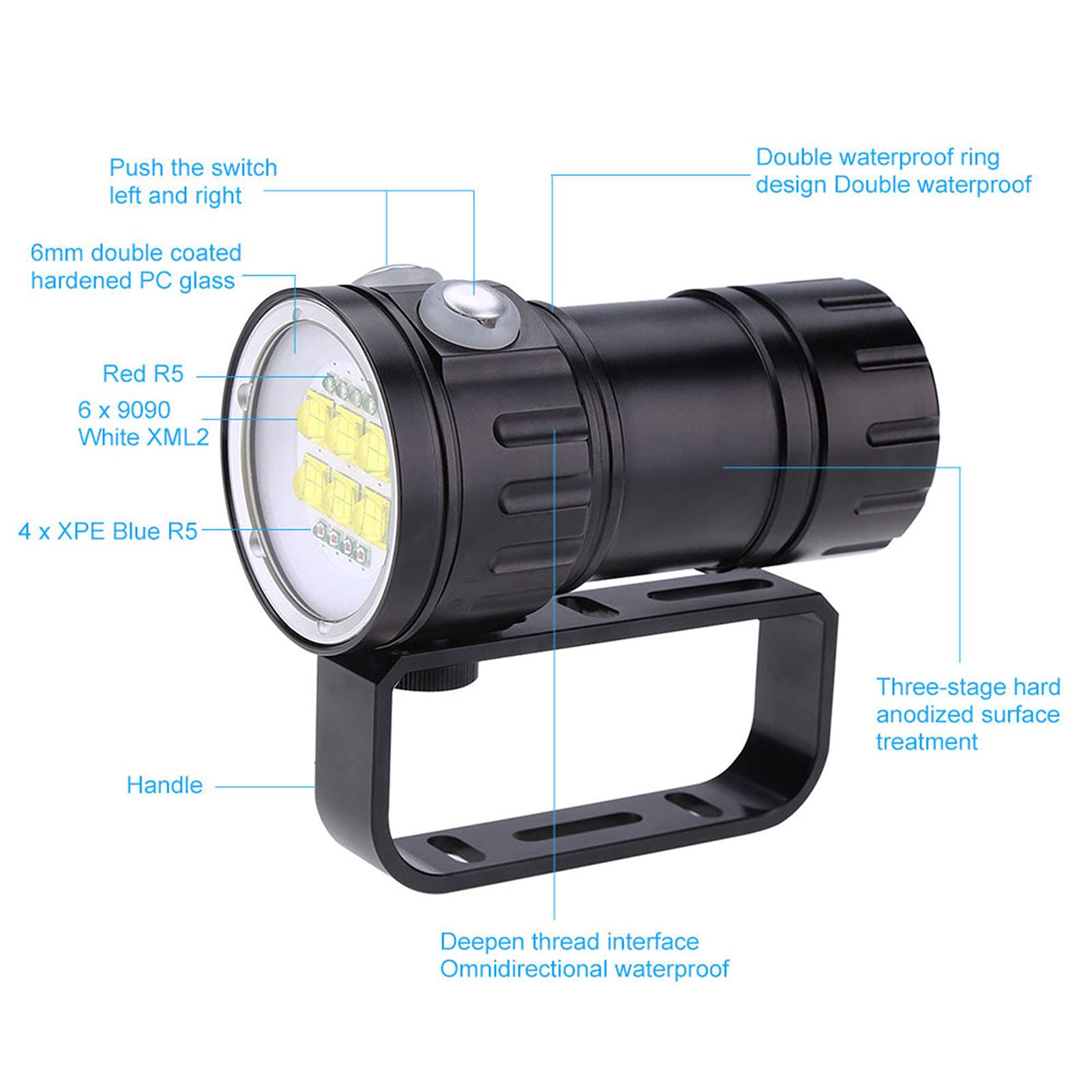 Torcia Subacquea,Torcia Subacquea Subacquea 3.7V 28800Lm, Torcia Subacquea Impermeabile Profondità 80m con Supporto Staffa per Grotta Sottomarina di Notte, Torcia Subacquea, Torcia Subacquea Sub