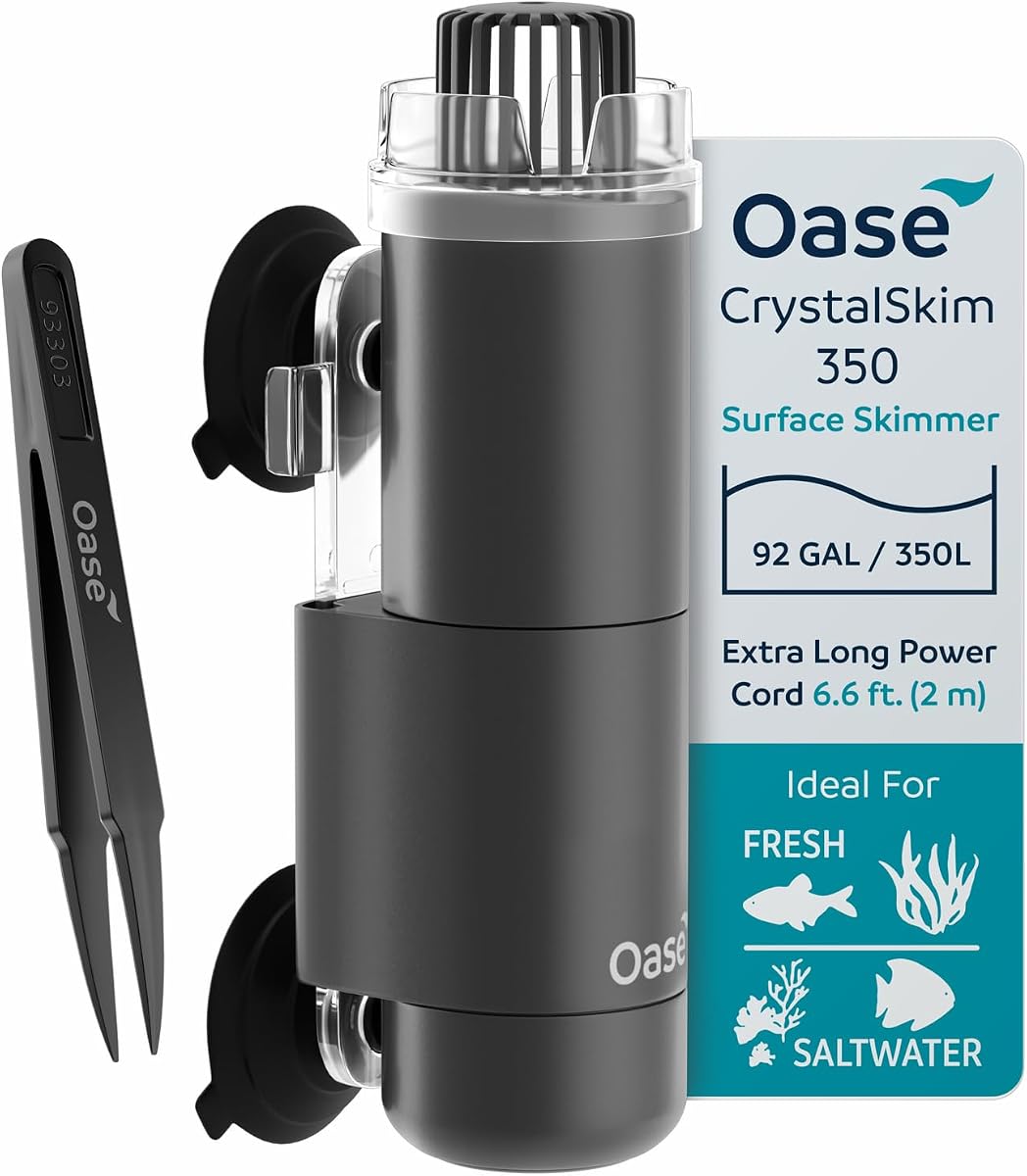 OASE CrystalSkim 350 Skimmer de superficie para acuarios de agua dulce y marinos – Filtro interno compacto para eliminación de aceite y desechos de película, flujo silencioso, ajustable, apto para camarones, para tanques de hasta 92 gal/350 L