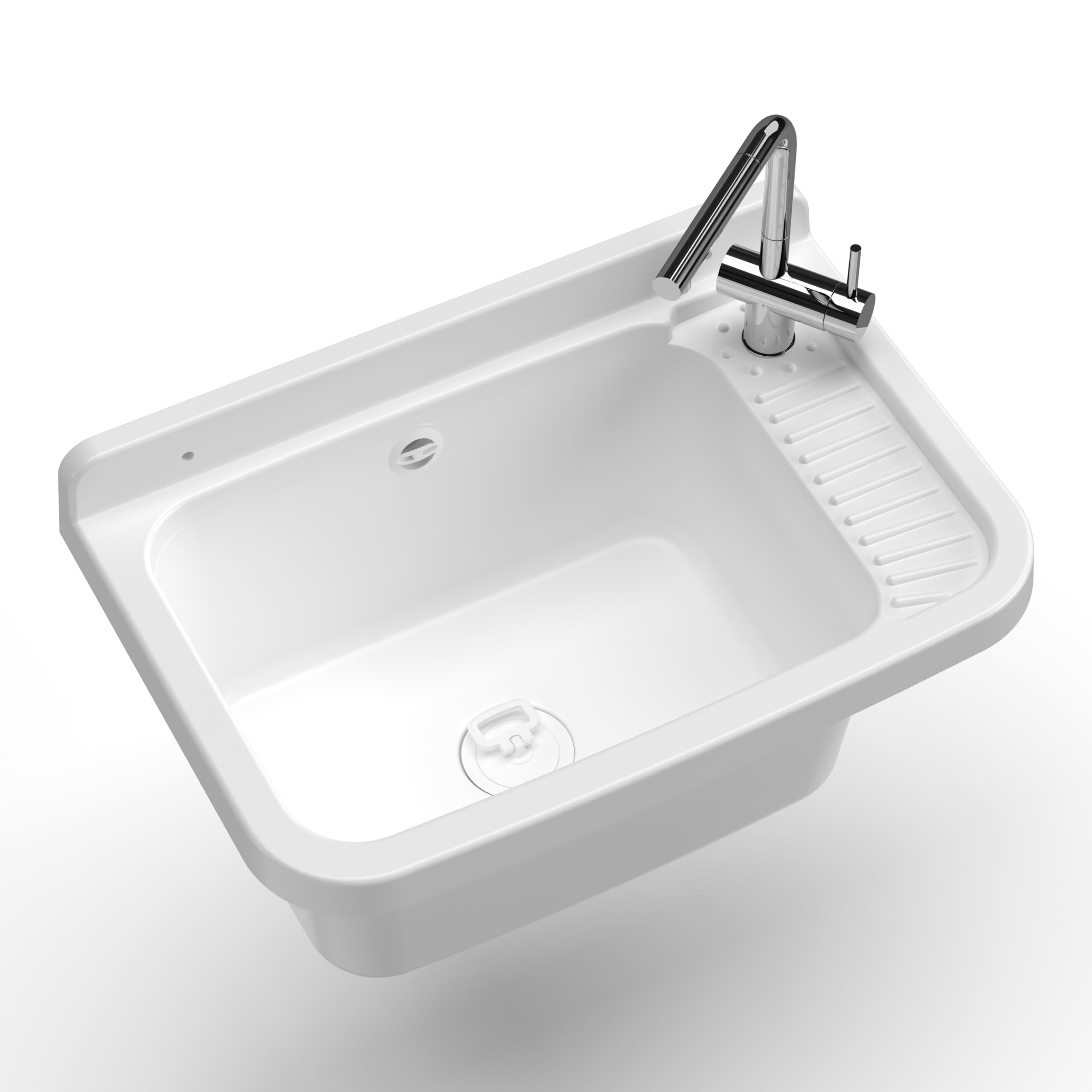 Adventa: Vasca lavatoio in resina di PP, fissaggio a Parete, Con Sifone e Piletta, Resistente agli acidi di uso comune, Lavanderia, Garage, Esterno, 50L × 33,5P × 24H cm, Bianco