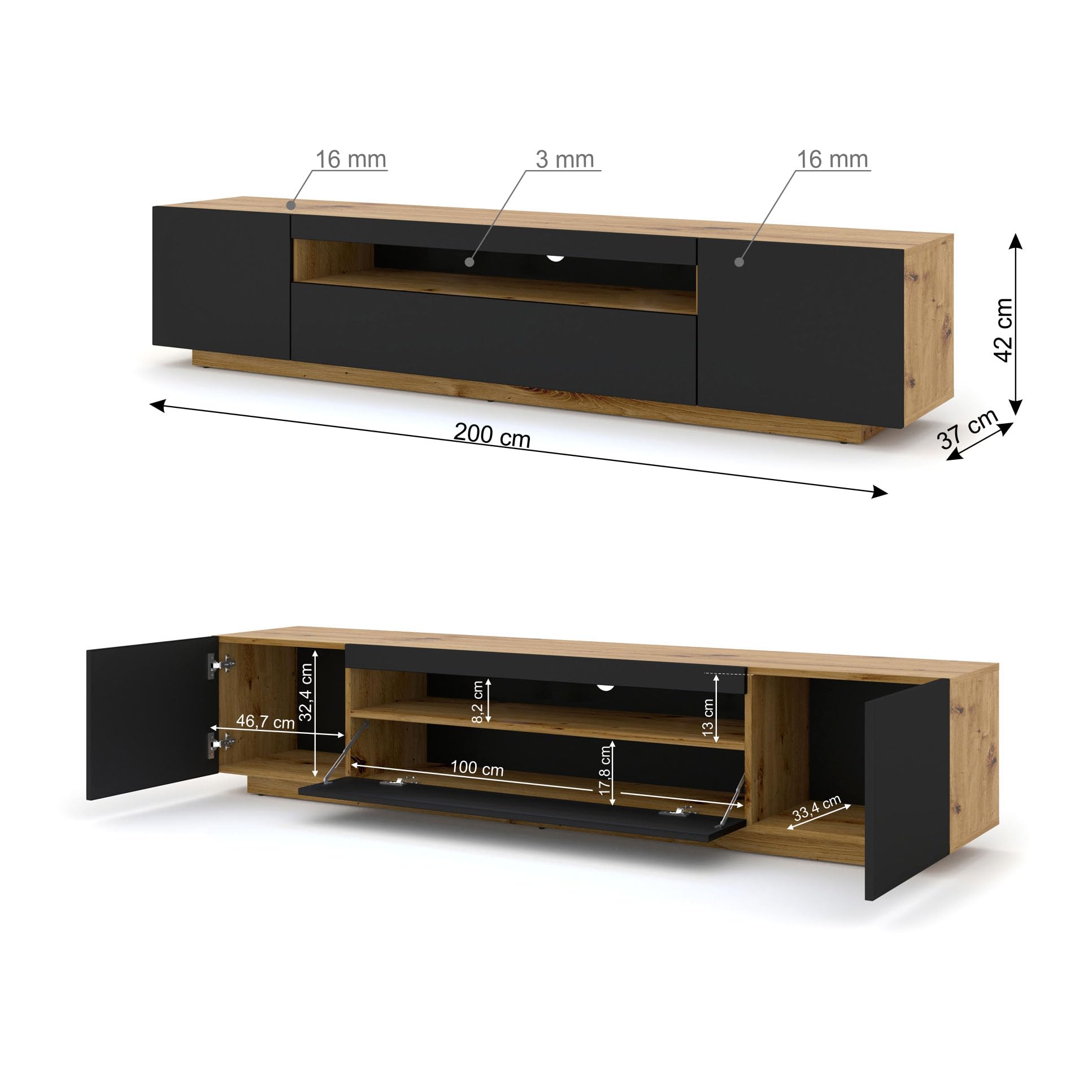Mueble Bajo Para TV Bellano - Roble Vikingo Y Grafito, 205x63x44 Cm, Con Cajones Y Almacenamiento