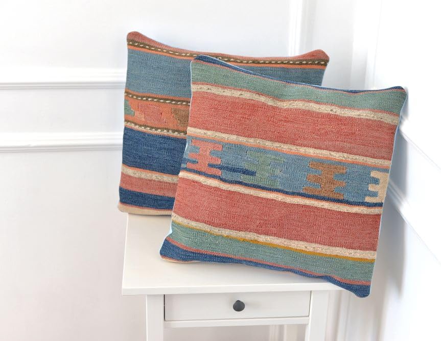 Pillow Handwoven Rug Cushion Kilim Pillow Size 18x18 Inches Home Decor Cushion Oriental Cushion Decorative Throw Pillows Set of 2