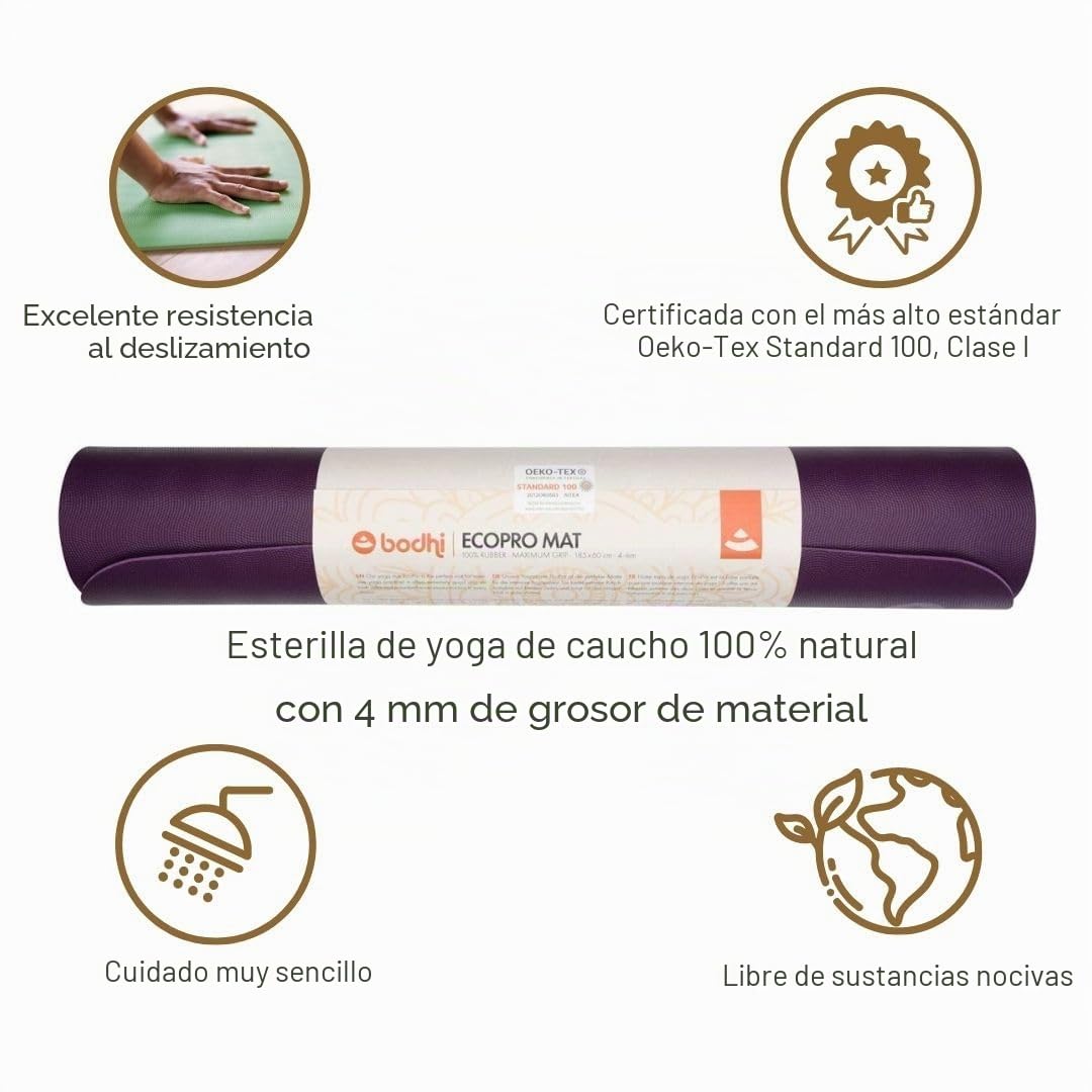 Bodhi Esterilla de yoga Eco Pro, 100% caucho natural | muy antideslizante | 100% natural y ecológica | esterilla profesional para yoga | ideal para yoga dinámico | 185 x 60 x 0,4 cm (morado)