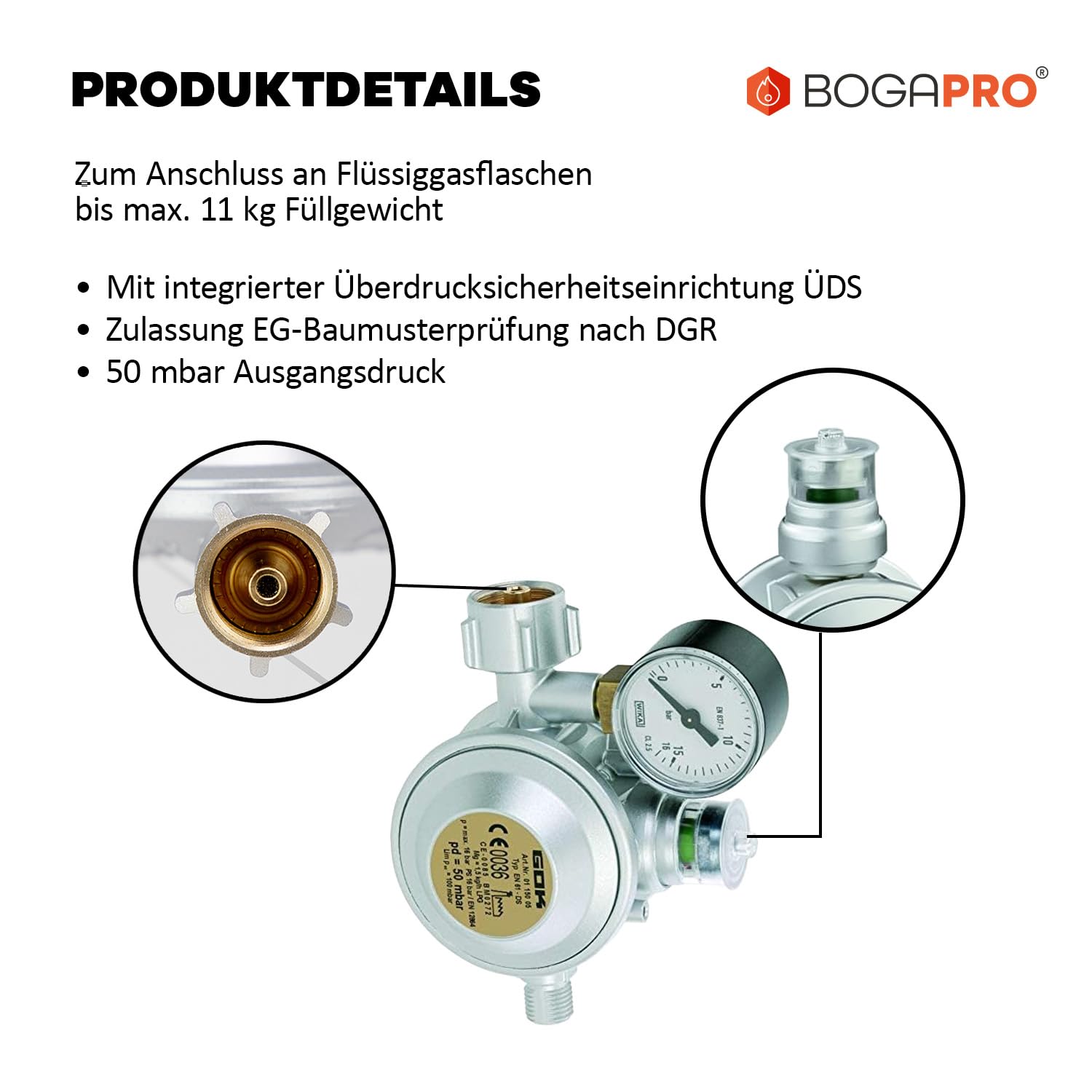 Gewerberegler mit Überdrucksicherung für Propangasflaschen, Druckminderer mit Manometer, Gasdruckregler inkl. Lecksuchspray