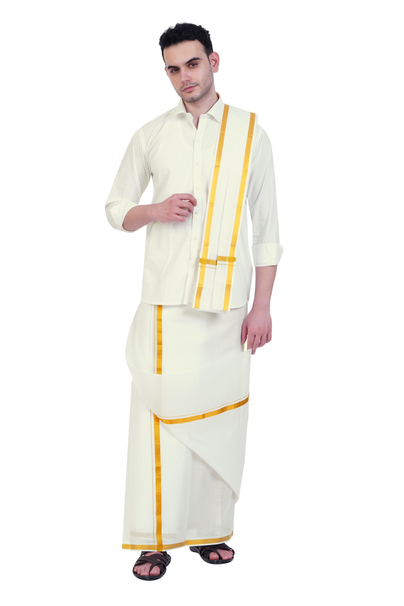 Prakasam Cotton Mens Cotton Wedding Set- A Pure Cotton Full Sleeve Cream Shirt + A Pure Cotton 8 Yard Dhoti (1.28X3.70 Mtrs) + Single Cream Colour Towel